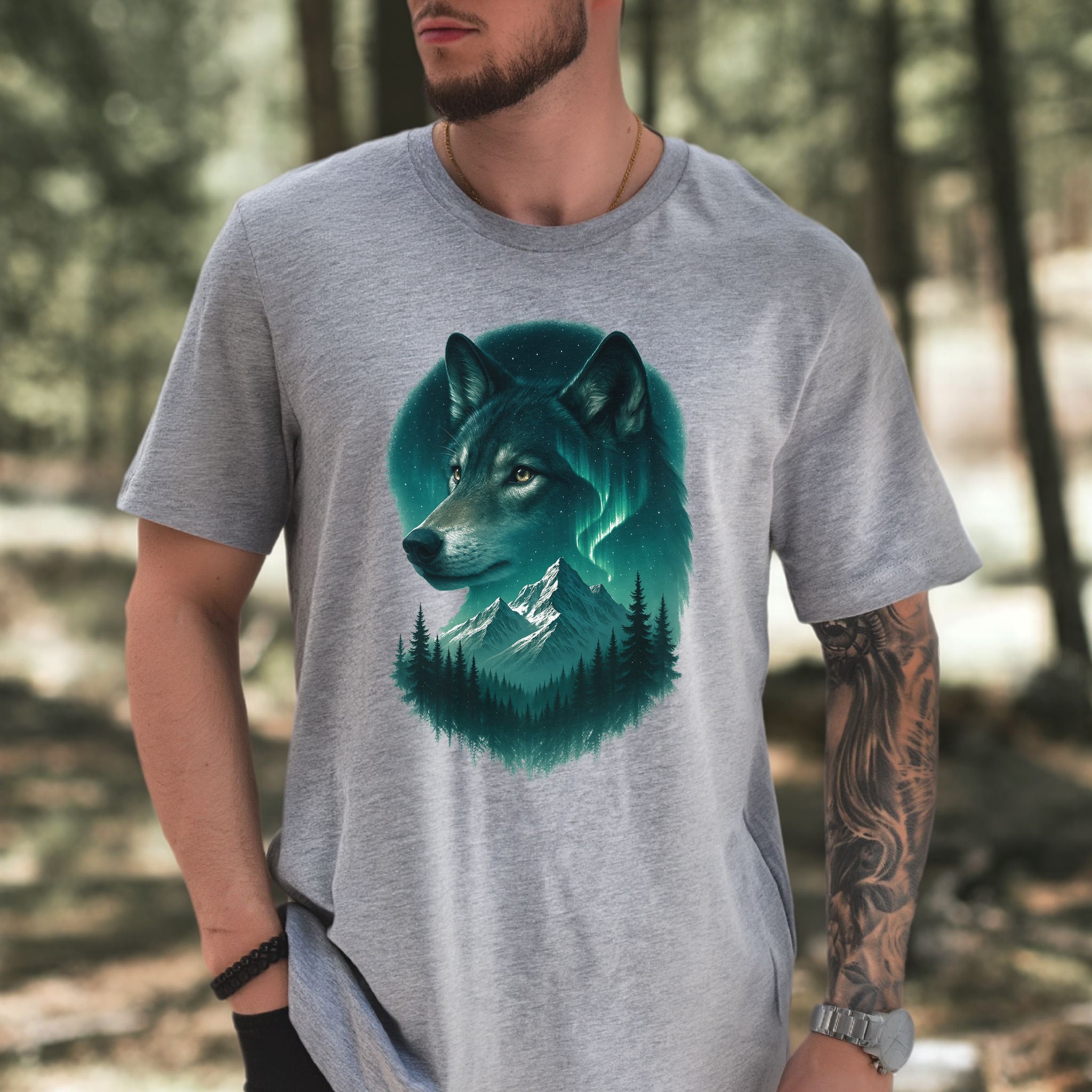 Wolf and Northern Lights T-Shirt – Spirit Animal in Night Forest & Mountain Scene