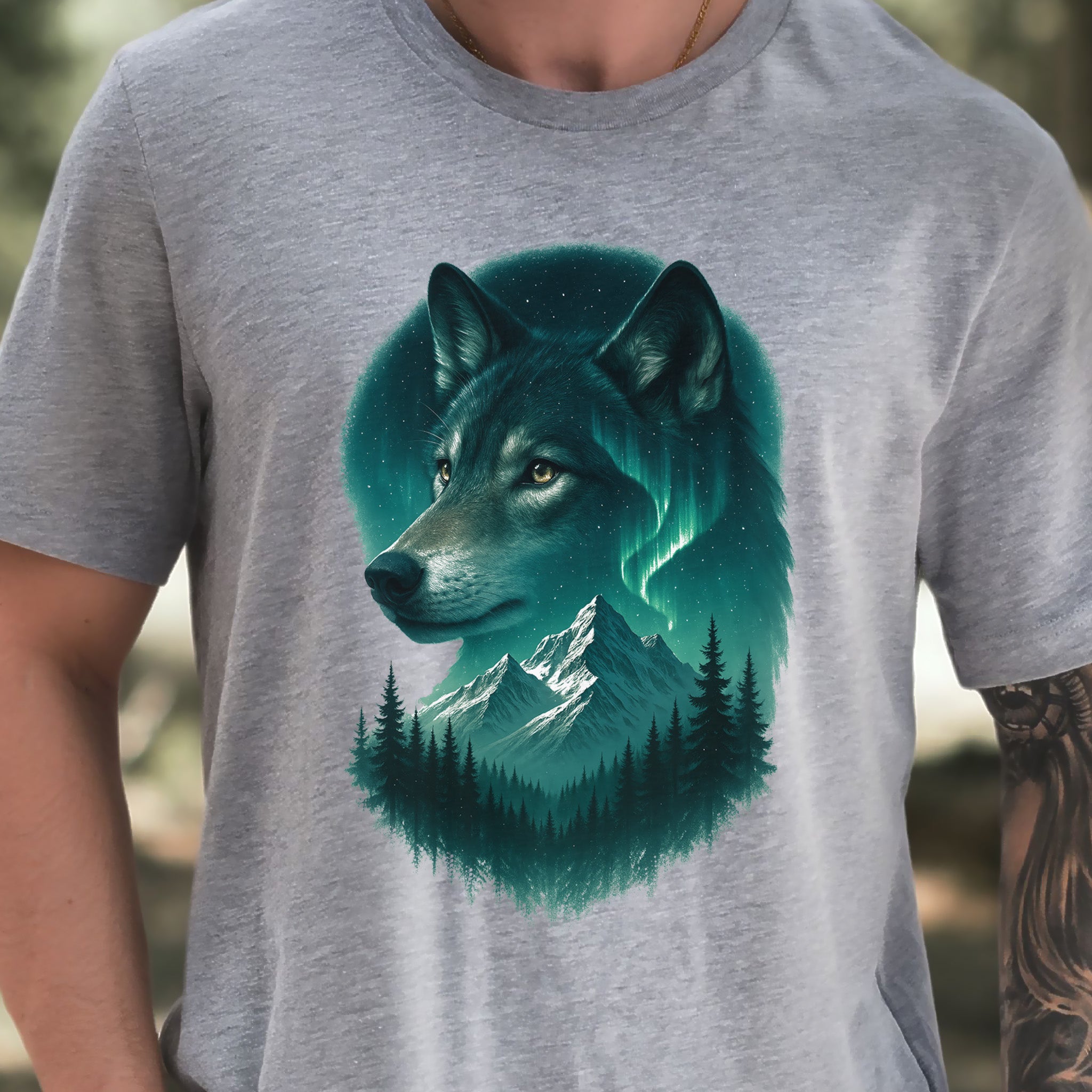 Wolf and Northern Lights T-Shirt – Spirit Animal in Night Forest & Mountain Scene