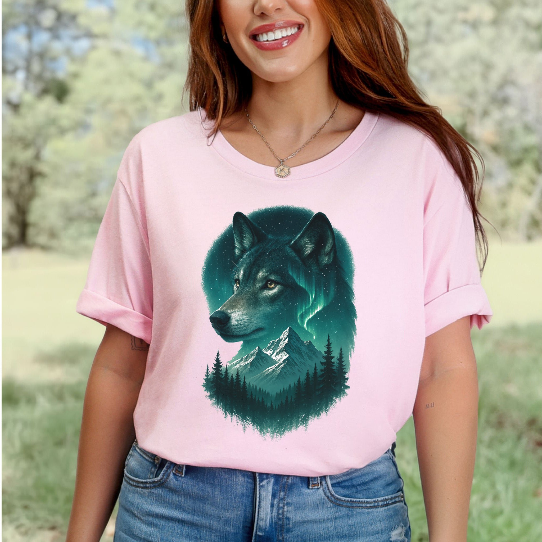 Wolf and Northern Lights T-Shirt – Spirit Animal in Night Forest & Mountain Scene