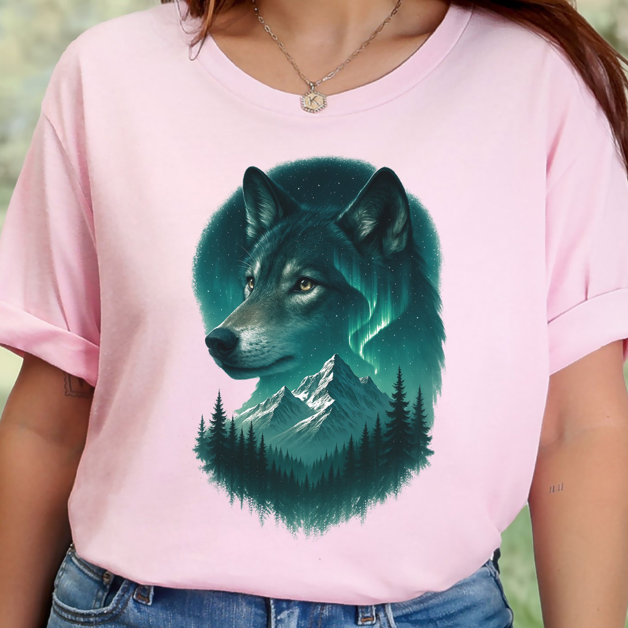 Wolf and Northern Lights T-Shirt – Spirit Animal in Night Forest & Mountain Scene