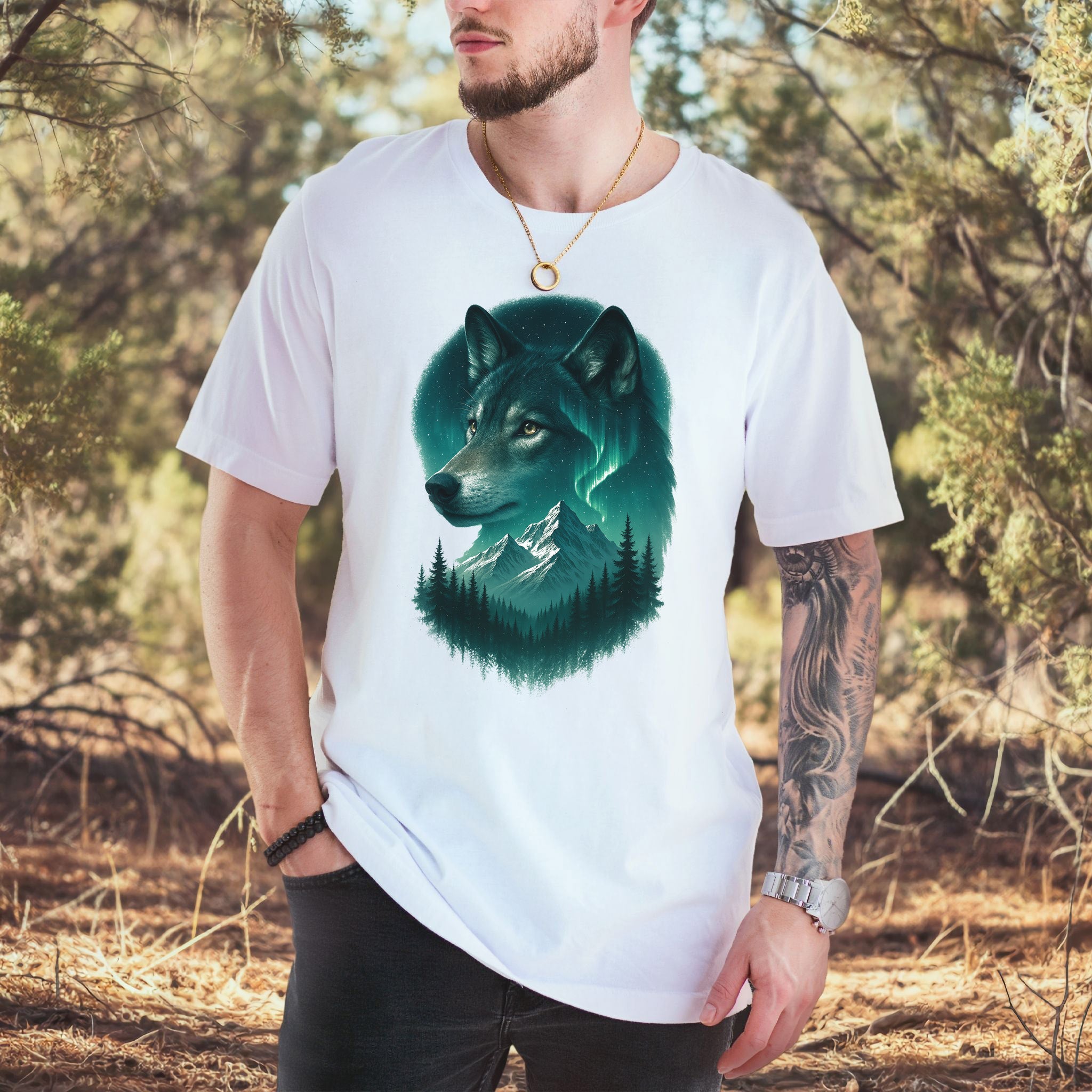 Wolf and Northern Lights T-Shirt – Spirit Animal in Night Forest & Mountain Scene