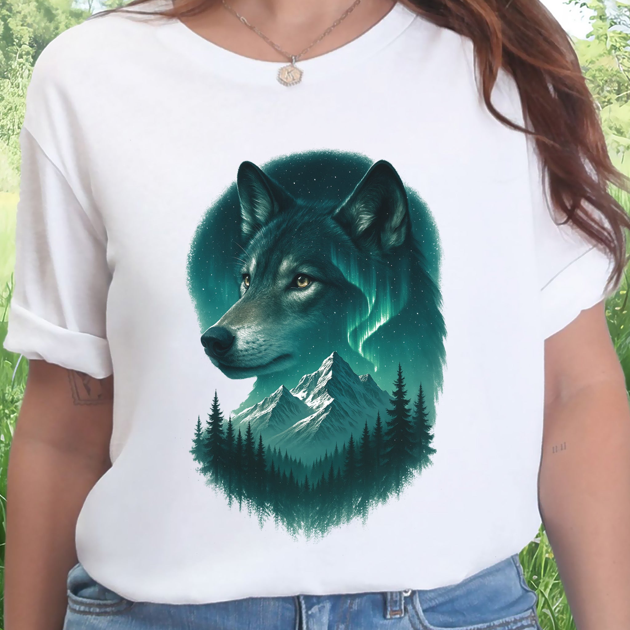 Wolf and Northern Lights T-Shirt – Spirit Animal in Night Forest & Mountain Scene