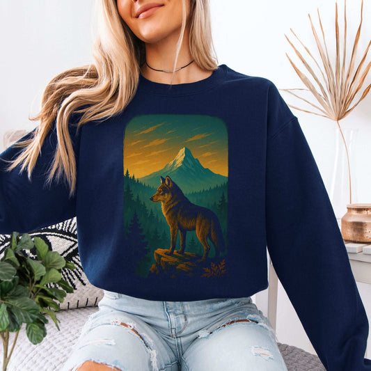 Wolf on Cliff Sweatshirt – Majestic Forest & Mountain Spirit Animal