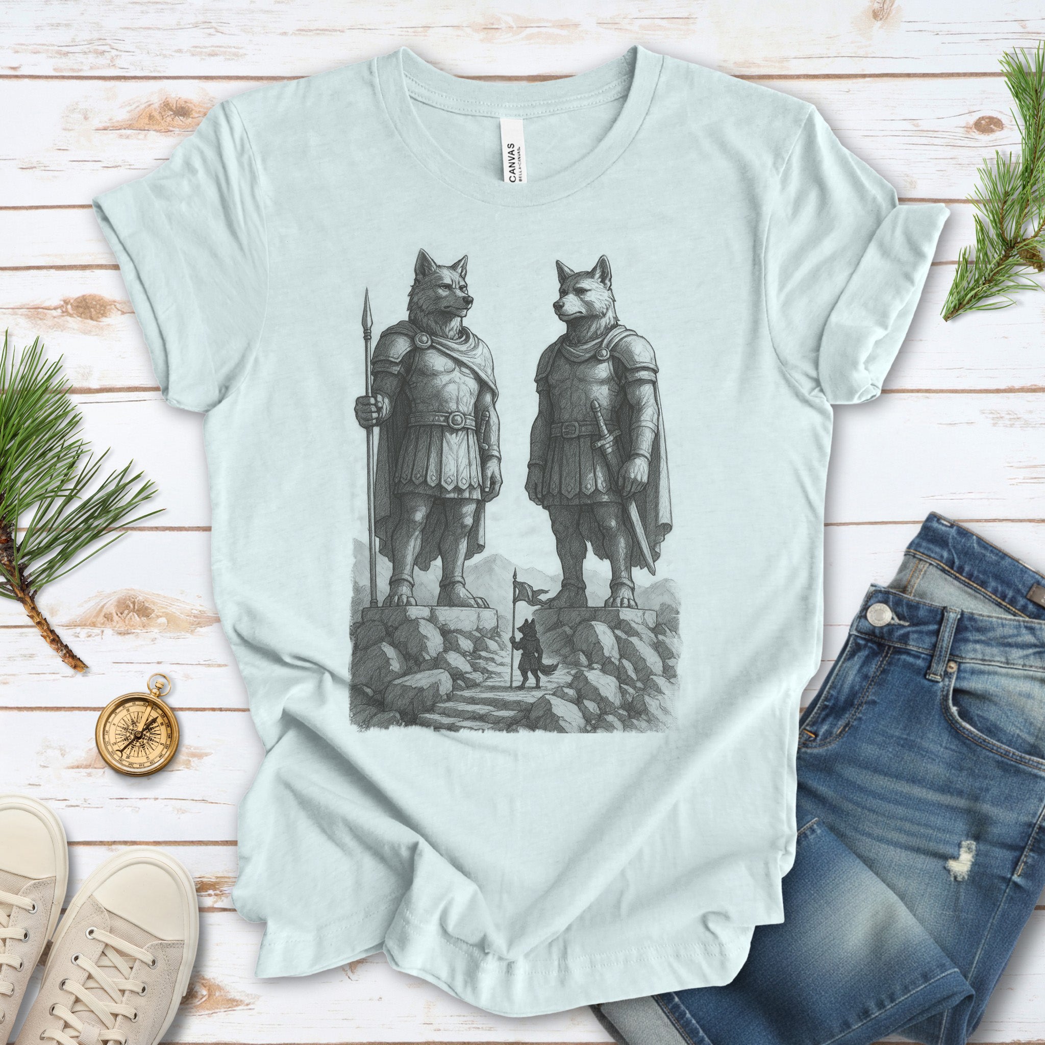 Wolf Guardian Statues T-Shirt – Viking Spirit Animal Fantasy Tee