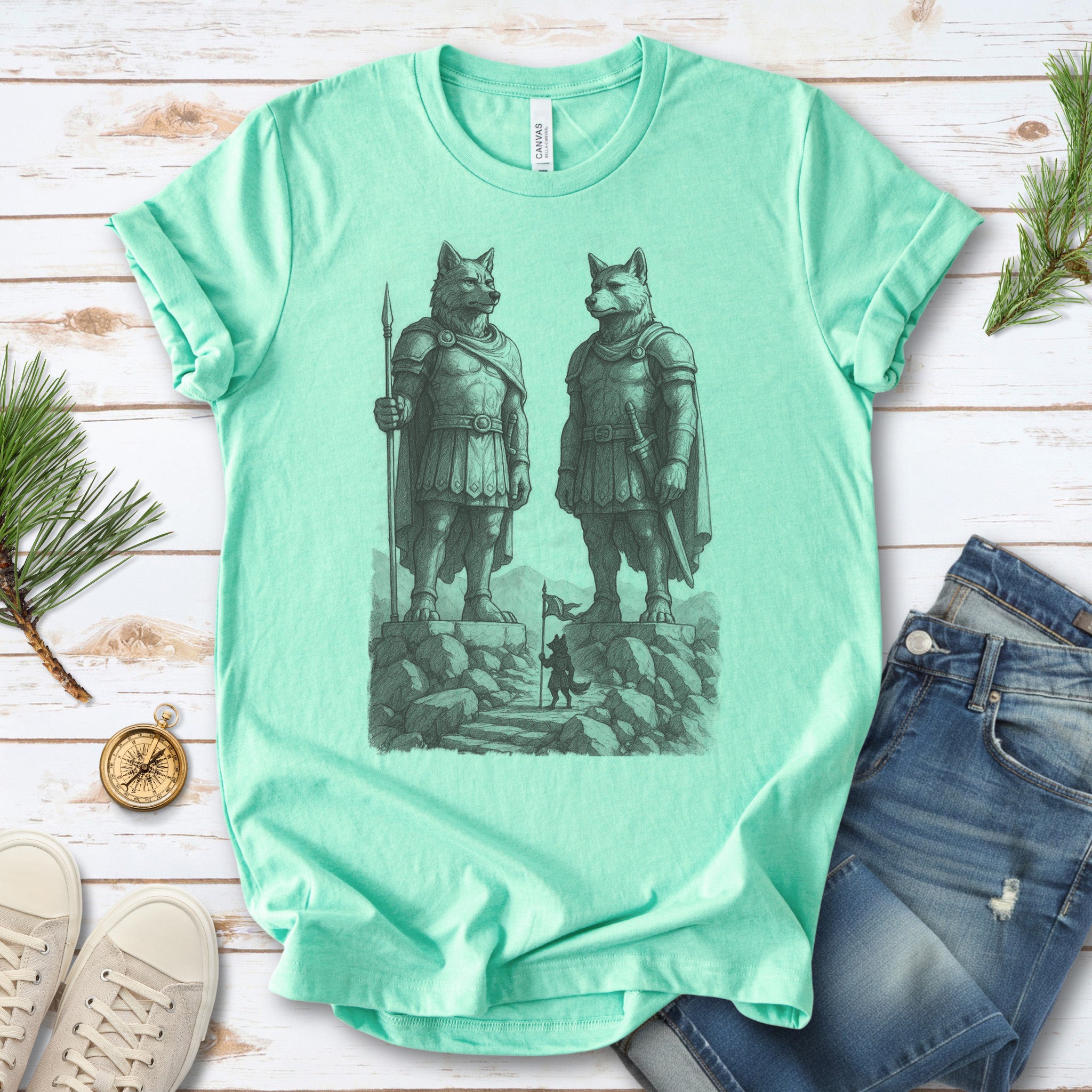 Wolf Guardian Statues T-Shirt – Viking Spirit Animal Fantasy Tee