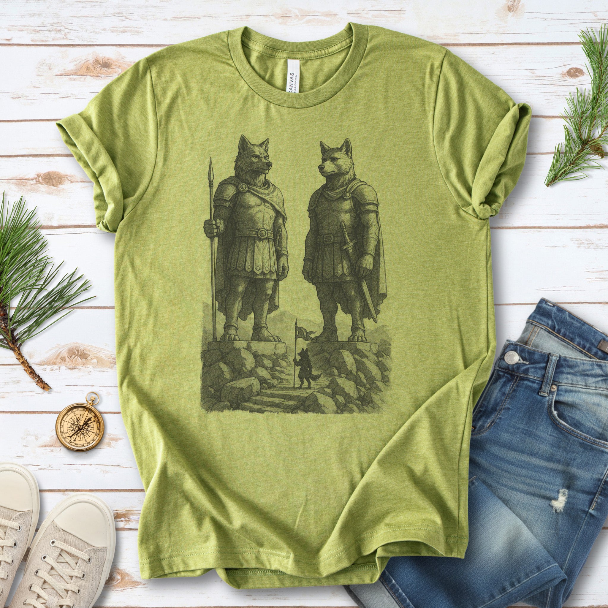 Wolf Guardian Statues T-Shirt – Viking Spirit Animal Fantasy Tee