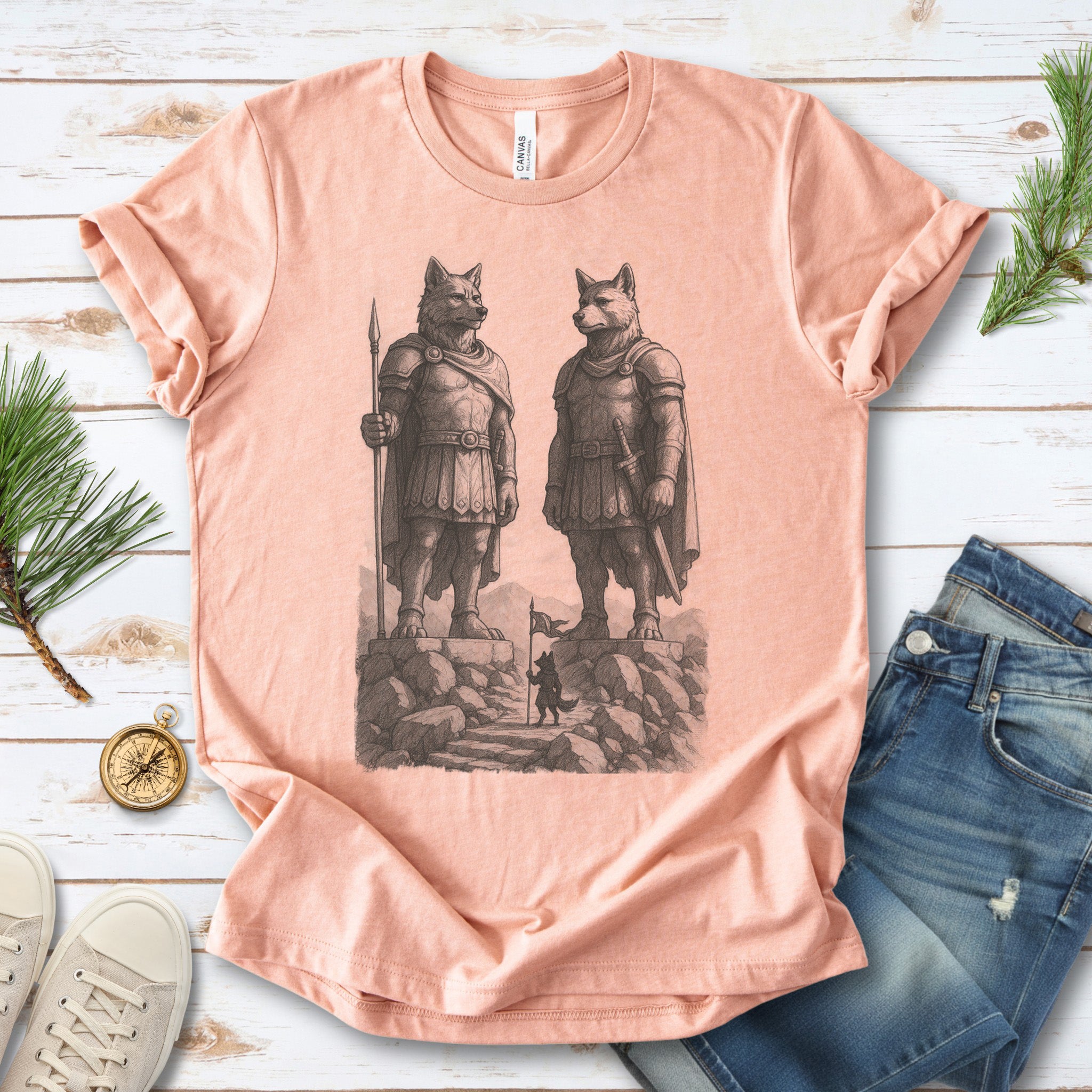 Wolf Guardian Statues T-Shirt – Viking Spirit Animal Fantasy Tee