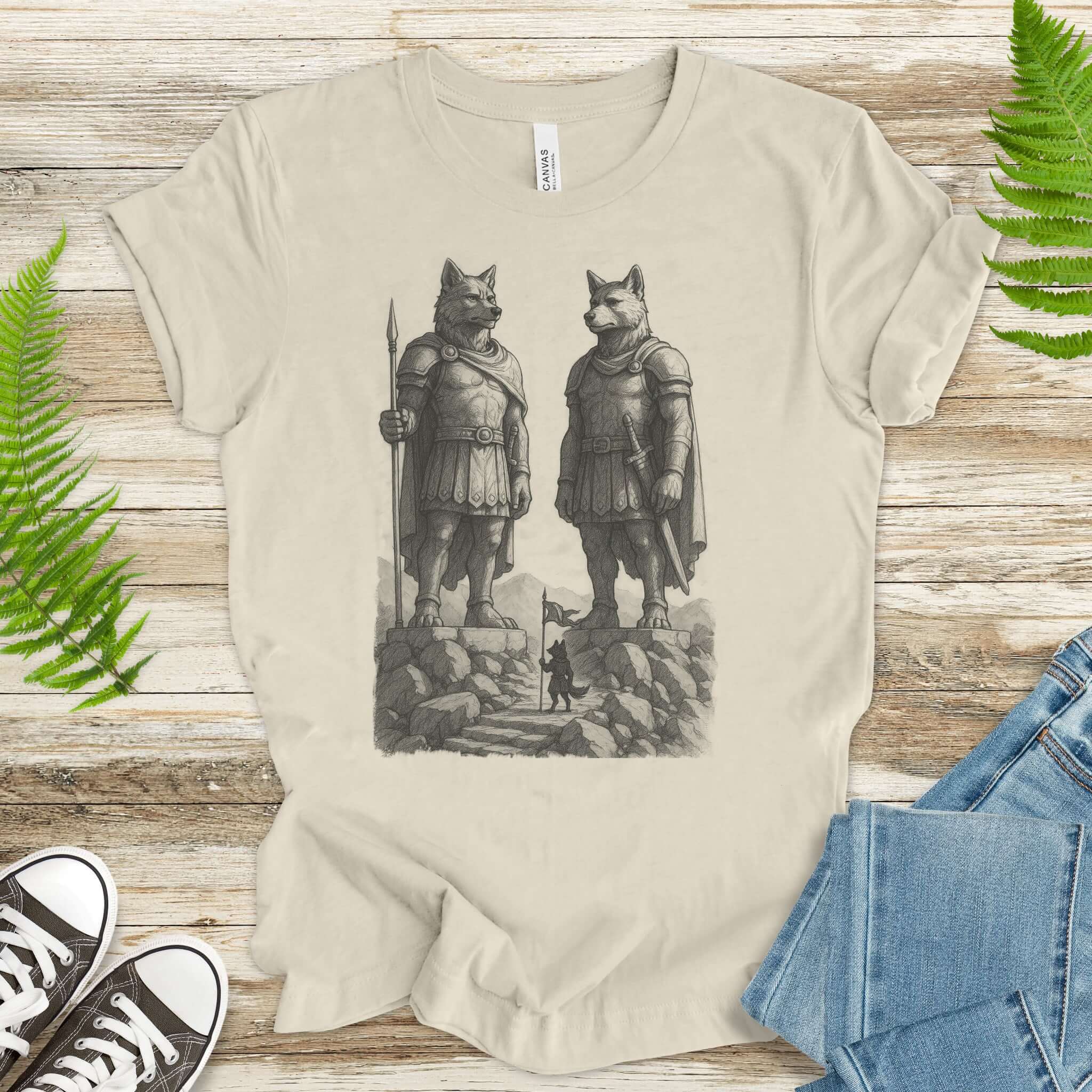 Wolf Guardian Statues T-Shirt – Viking Spirit Animal Fantasy Tee