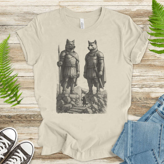 Wolf Guardian Statues T-Shirt – Viking Spirit Animal Fantasy Tee
