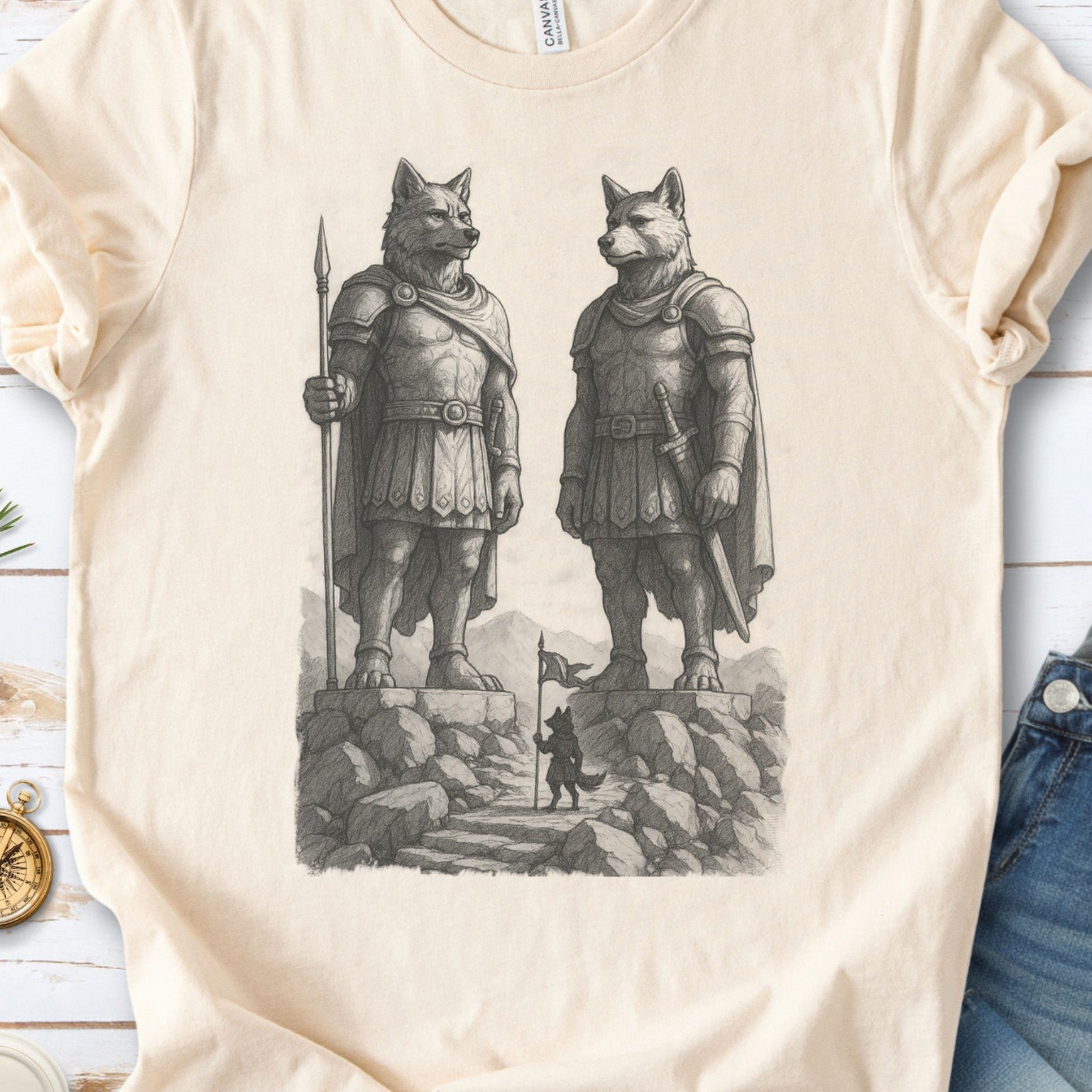 Wolf Guardian Statues T-Shirt – Viking Spirit Animal Fantasy Tee