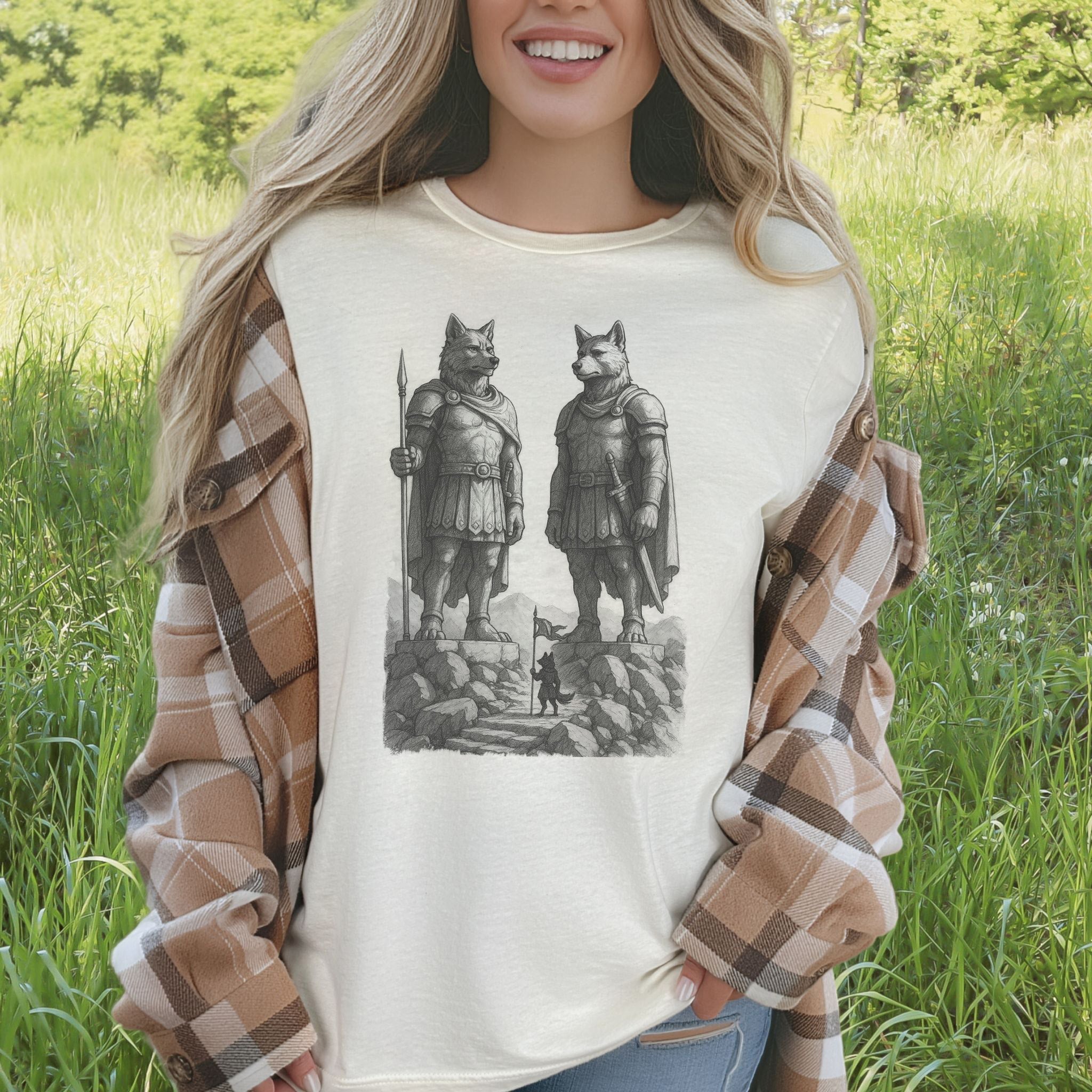 Wolf Guardian Statues T-Shirt – Viking Spirit Animal Fantasy Tee