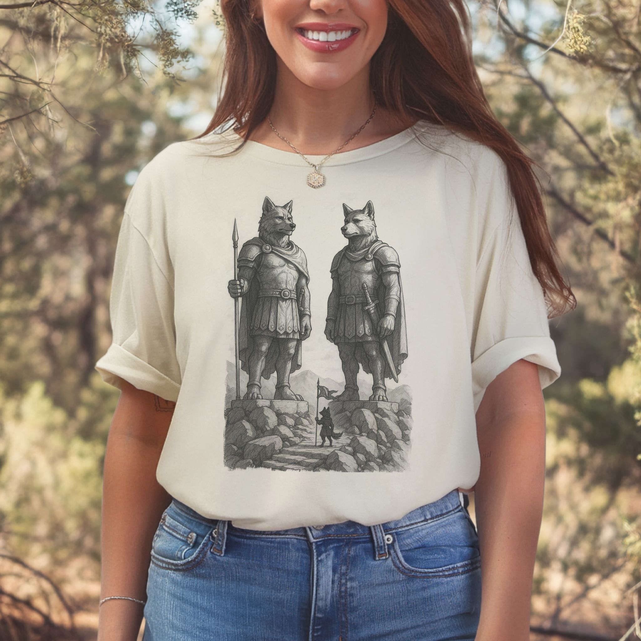 Wolf Guardian Statues T-Shirt – Viking Spirit Animal Fantasy Tee