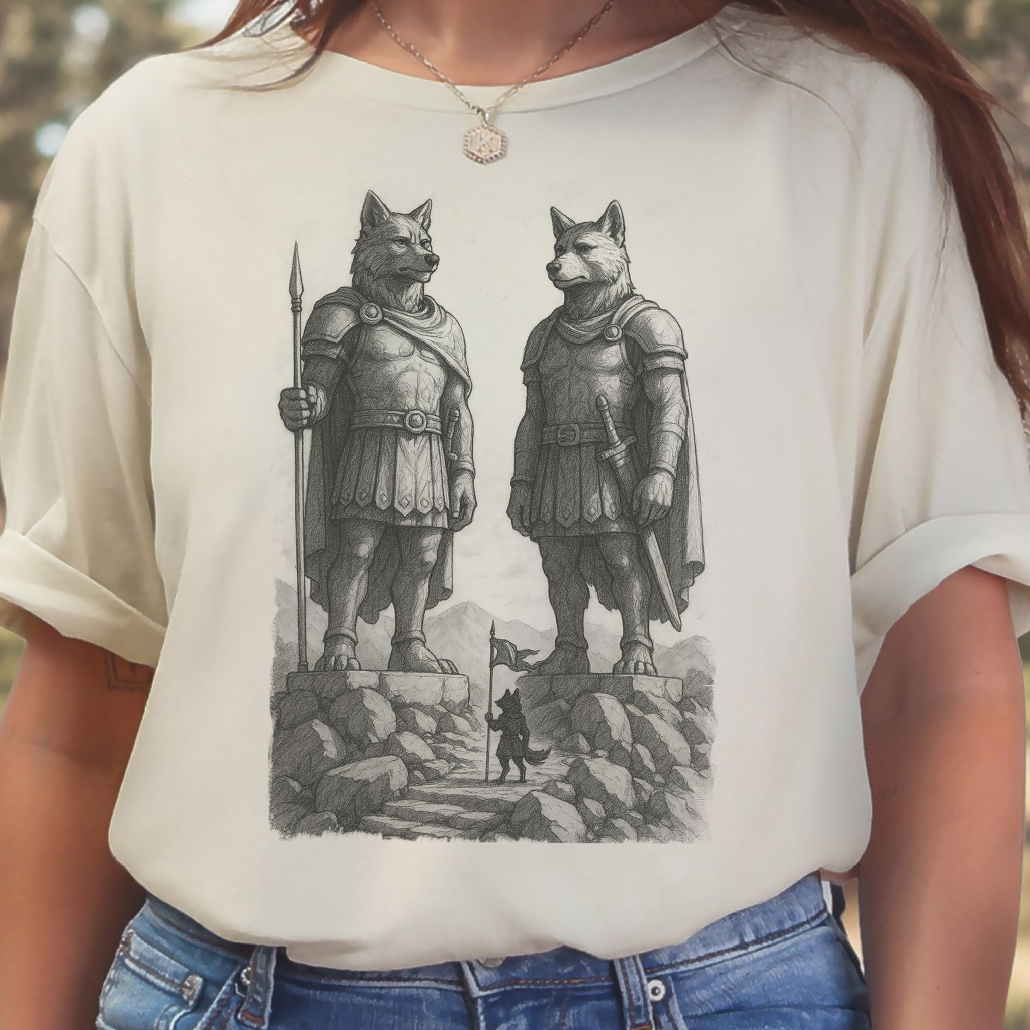 Wolf Guardian Statues T-Shirt – Viking Spirit Animal Fantasy Tee