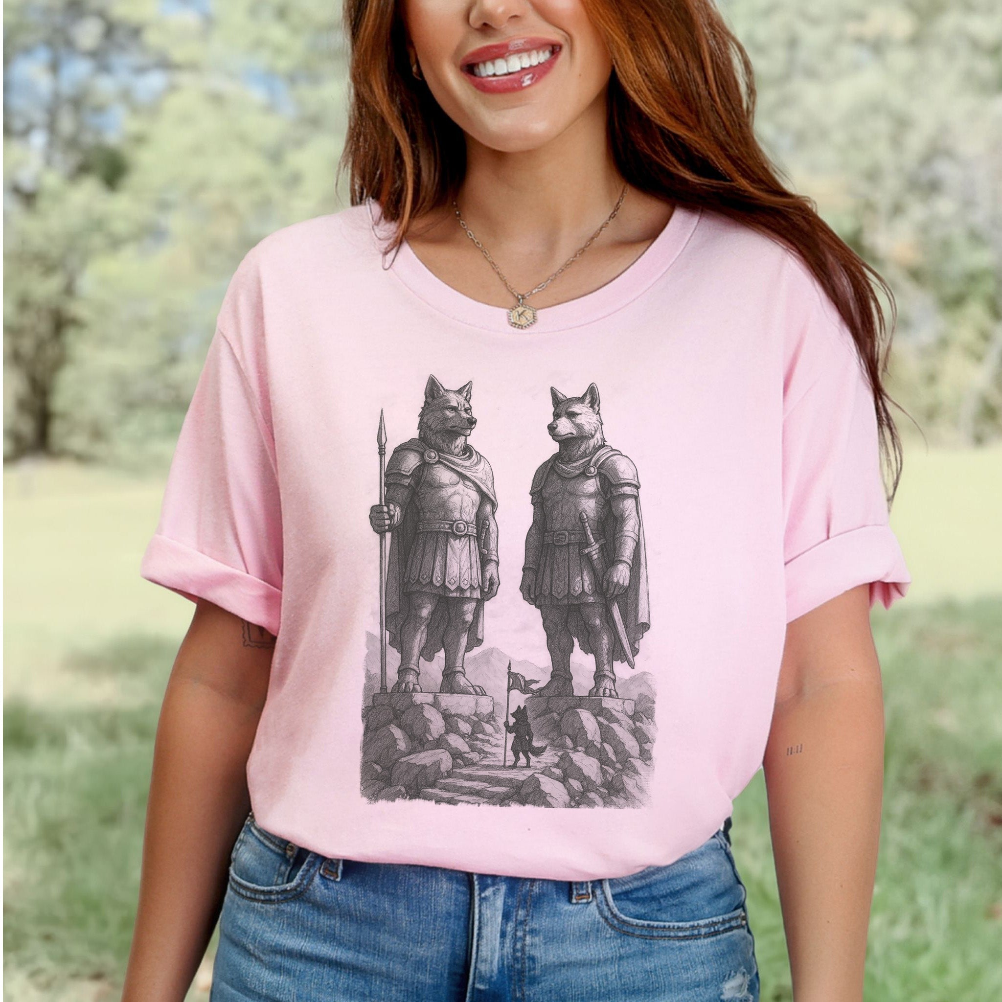 Wolf Guardian Statues T-Shirt – Viking Spirit Animal Fantasy Tee