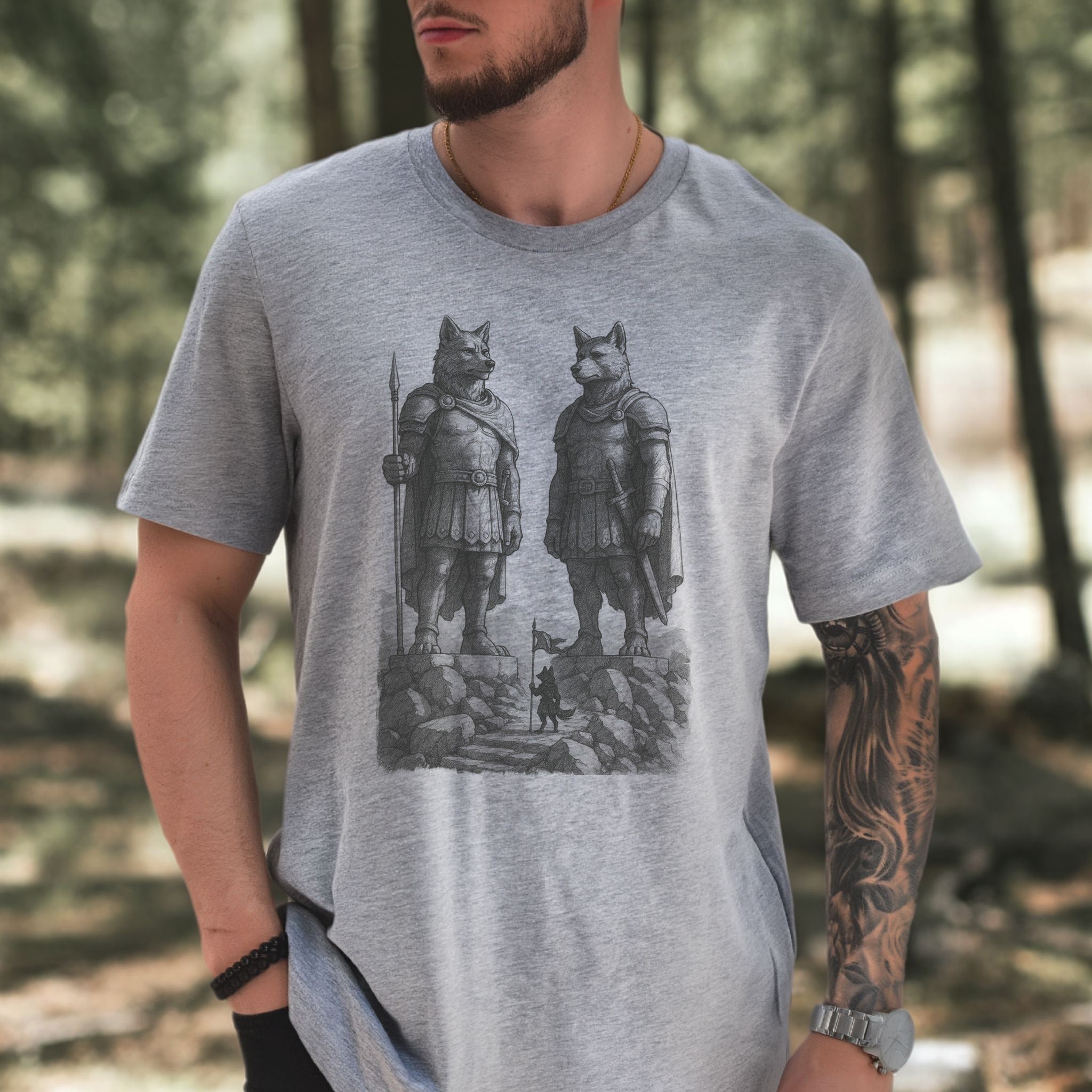 Wolf Guardian Statues T-Shirt – Viking Spirit Animal Fantasy Tee