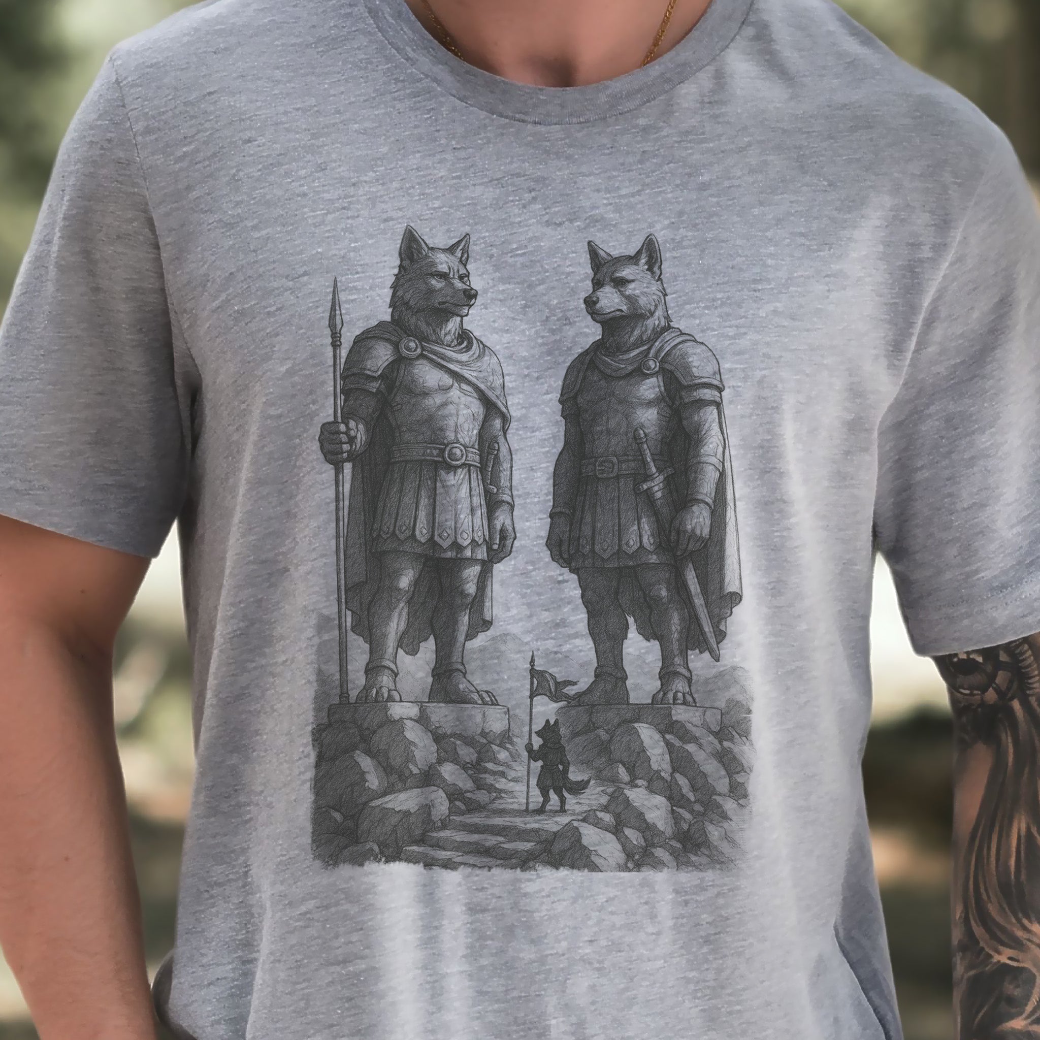 Wolf Guardian Statues T-Shirt – Viking Spirit Animal Fantasy Tee