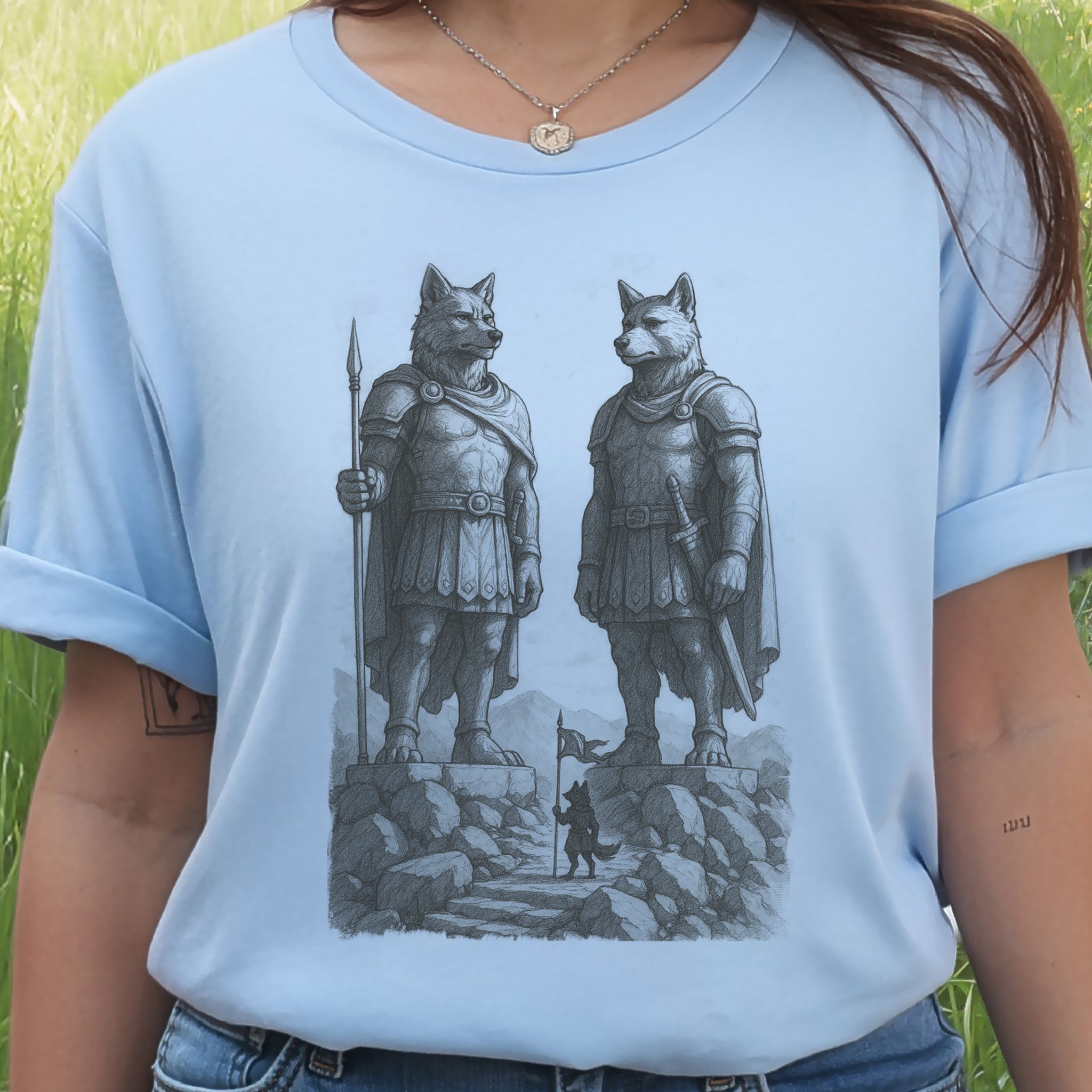 Wolf Guardian Statues T-Shirt – Viking Spirit Animal Fantasy Tee