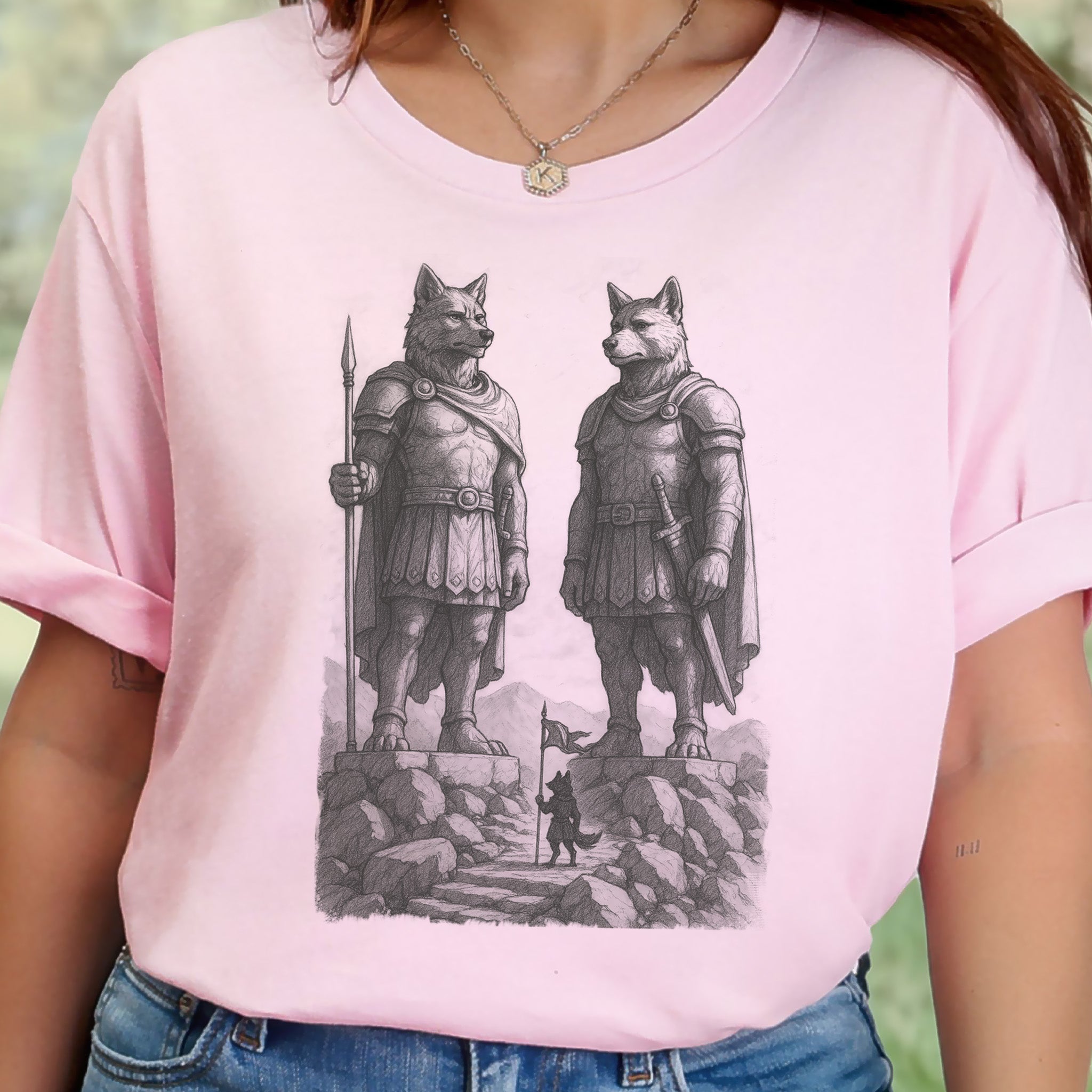 Wolf Guardian Statues T-Shirt – Viking Spirit Animal Fantasy Tee