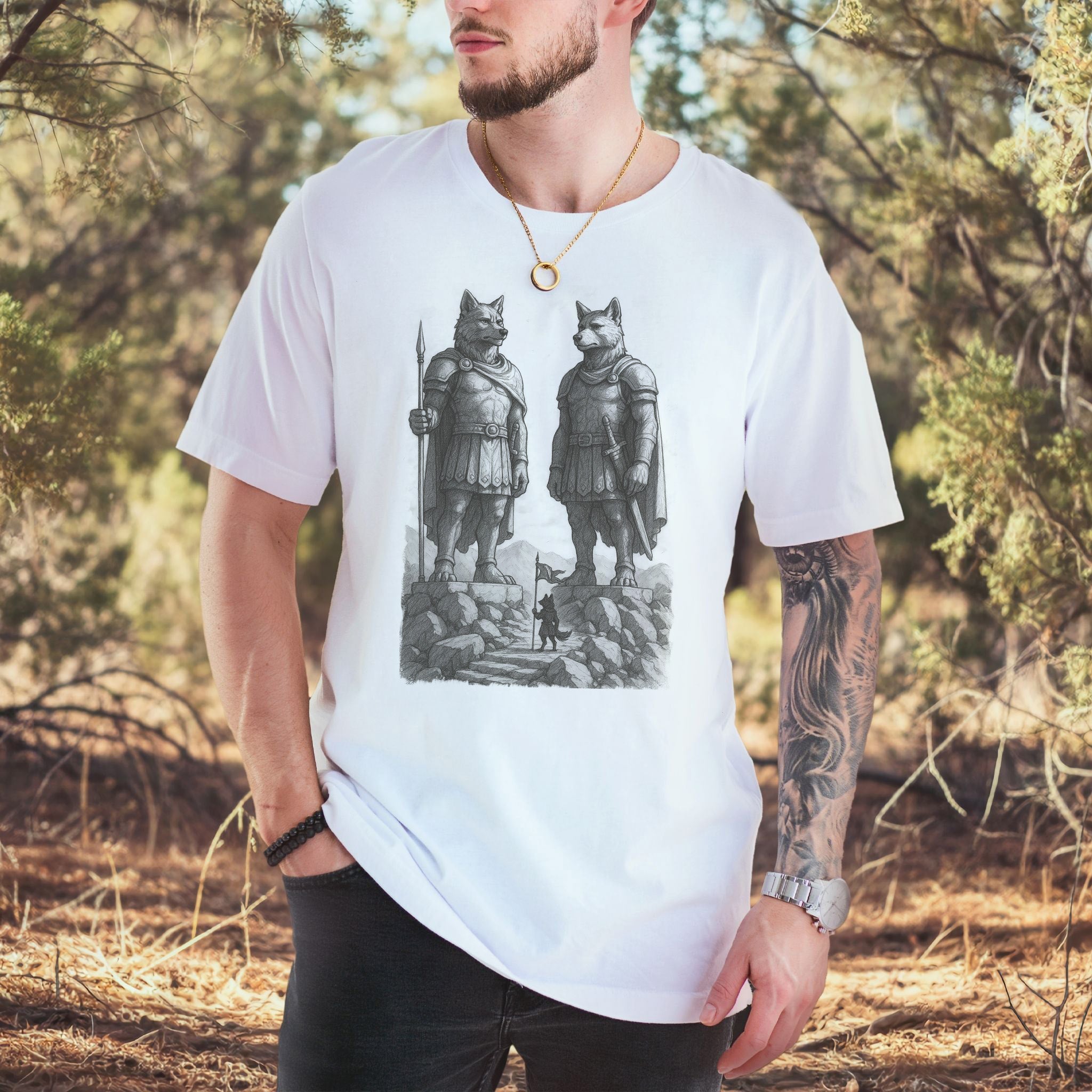 Wolf Guardian Statues T-Shirt – Viking Spirit Animal Fantasy Tee