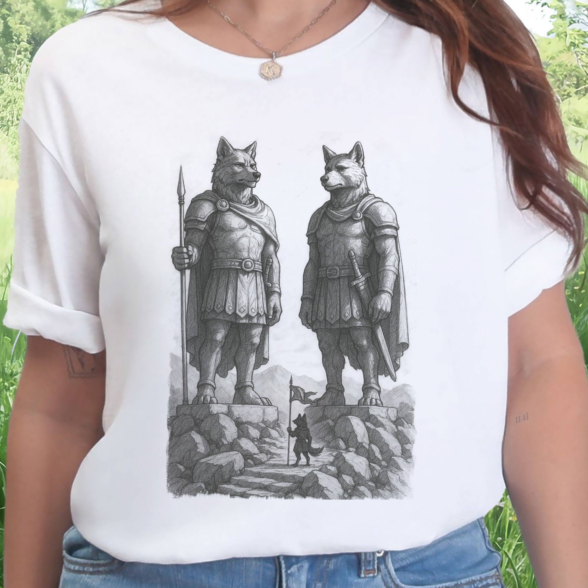 Wolf Guardian Statues T-Shirt – Viking Spirit Animal Fantasy Tee