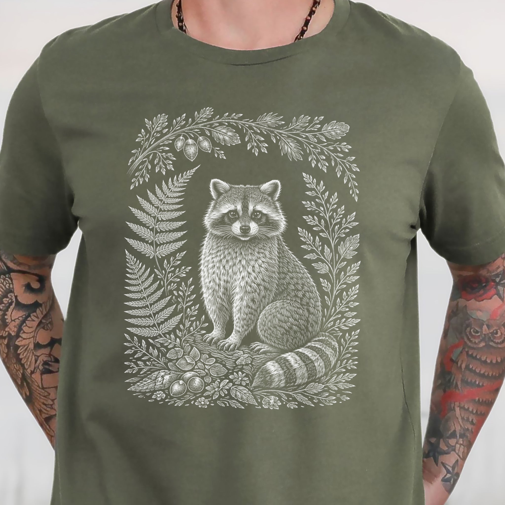Woodland Raccoon Botanical Fern Forestcore T-Shirt