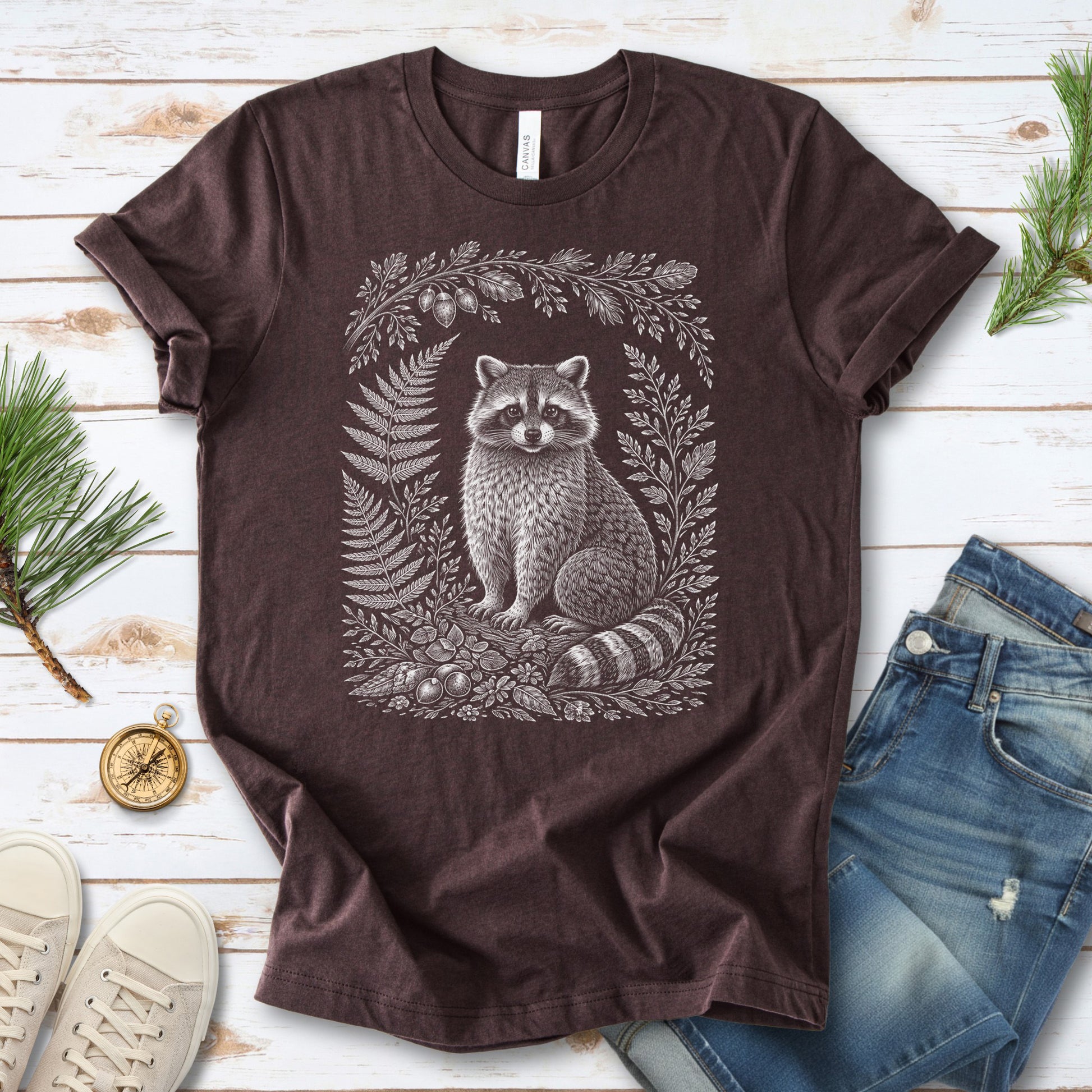 Woodland Raccoon Botanical Fern Forestcore T-Shirt