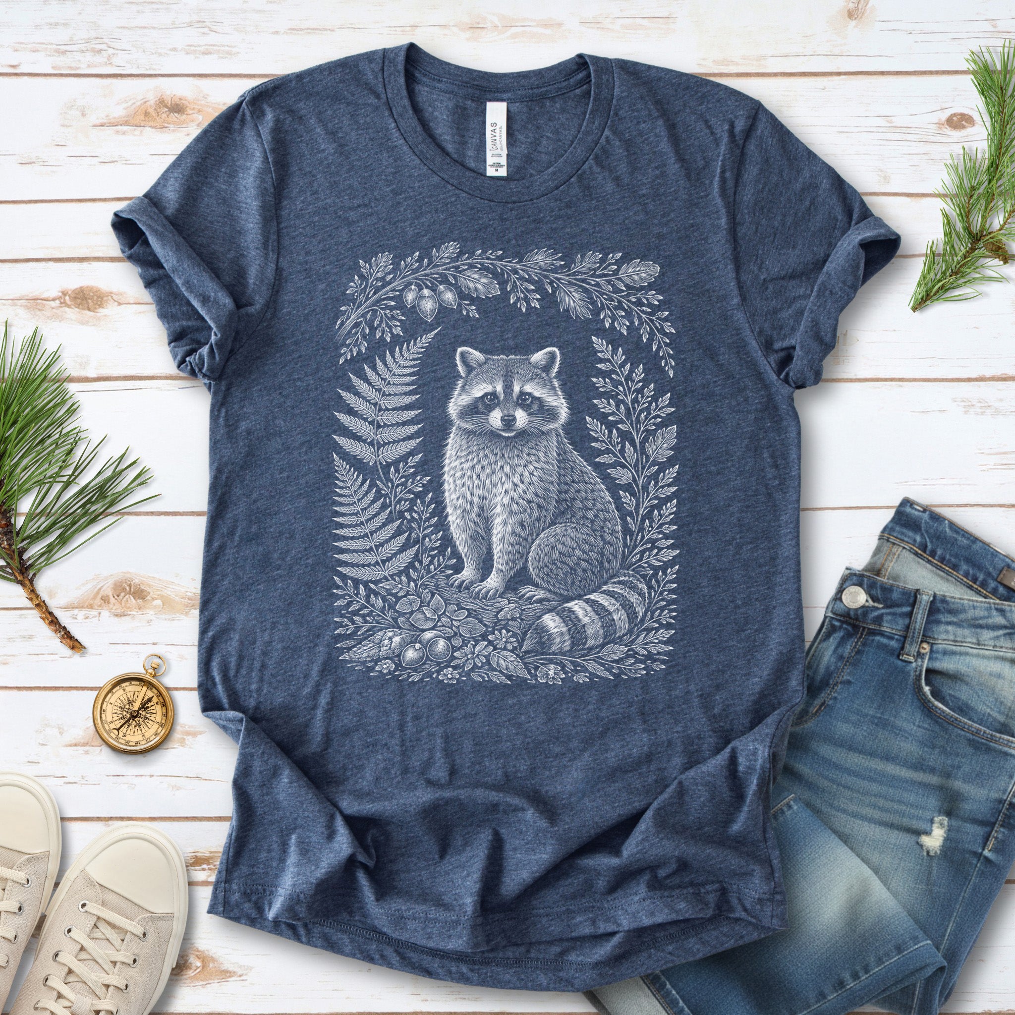 Woodland Raccoon Botanical Fern Forestcore T-Shirt
