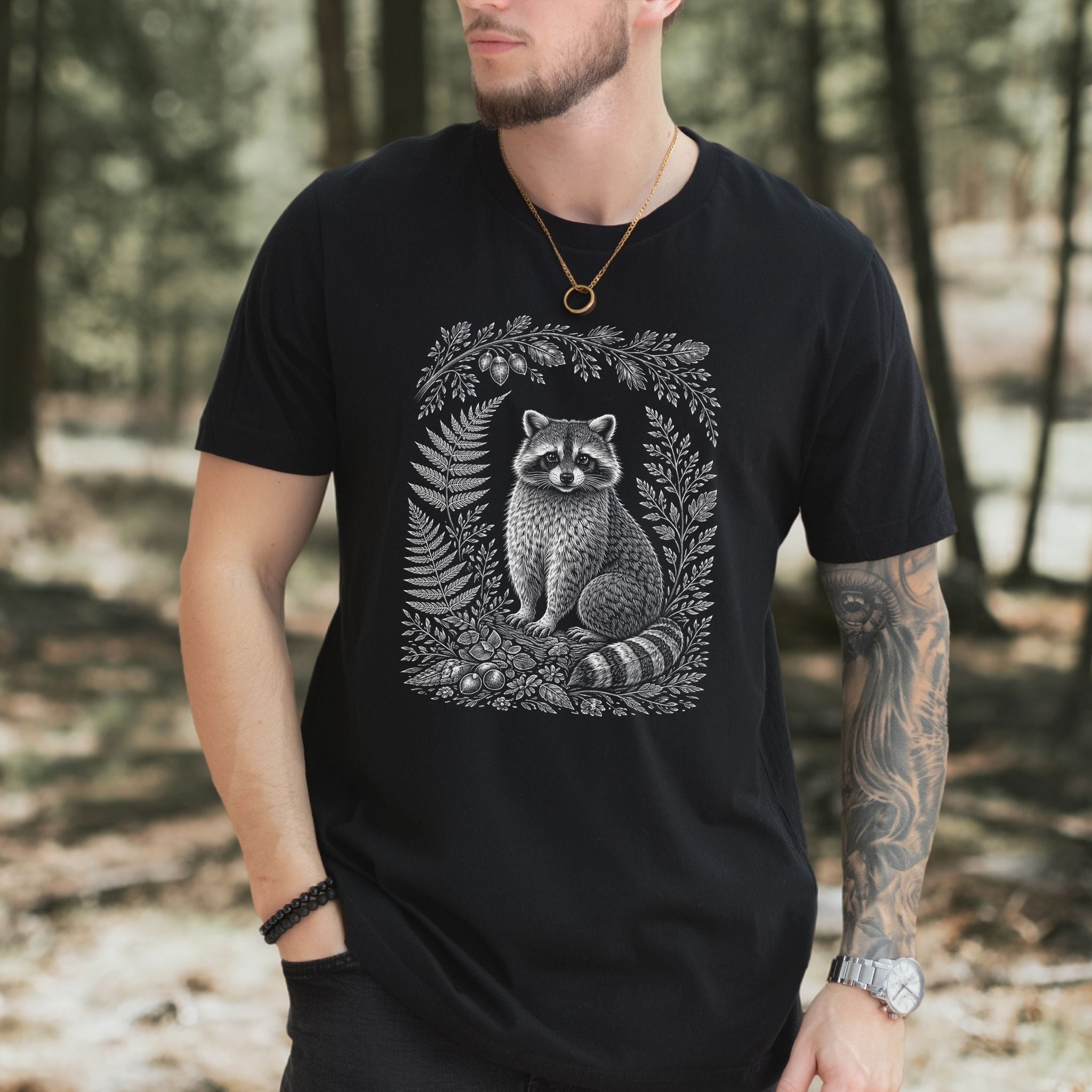 Woodland Raccoon Botanical Fern Forestcore T-Shirt
