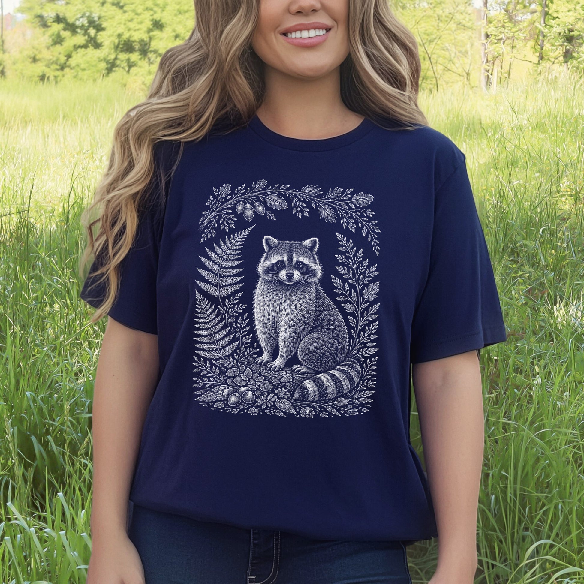 Woodland Raccoon Botanical Fern Forestcore T-Shirt