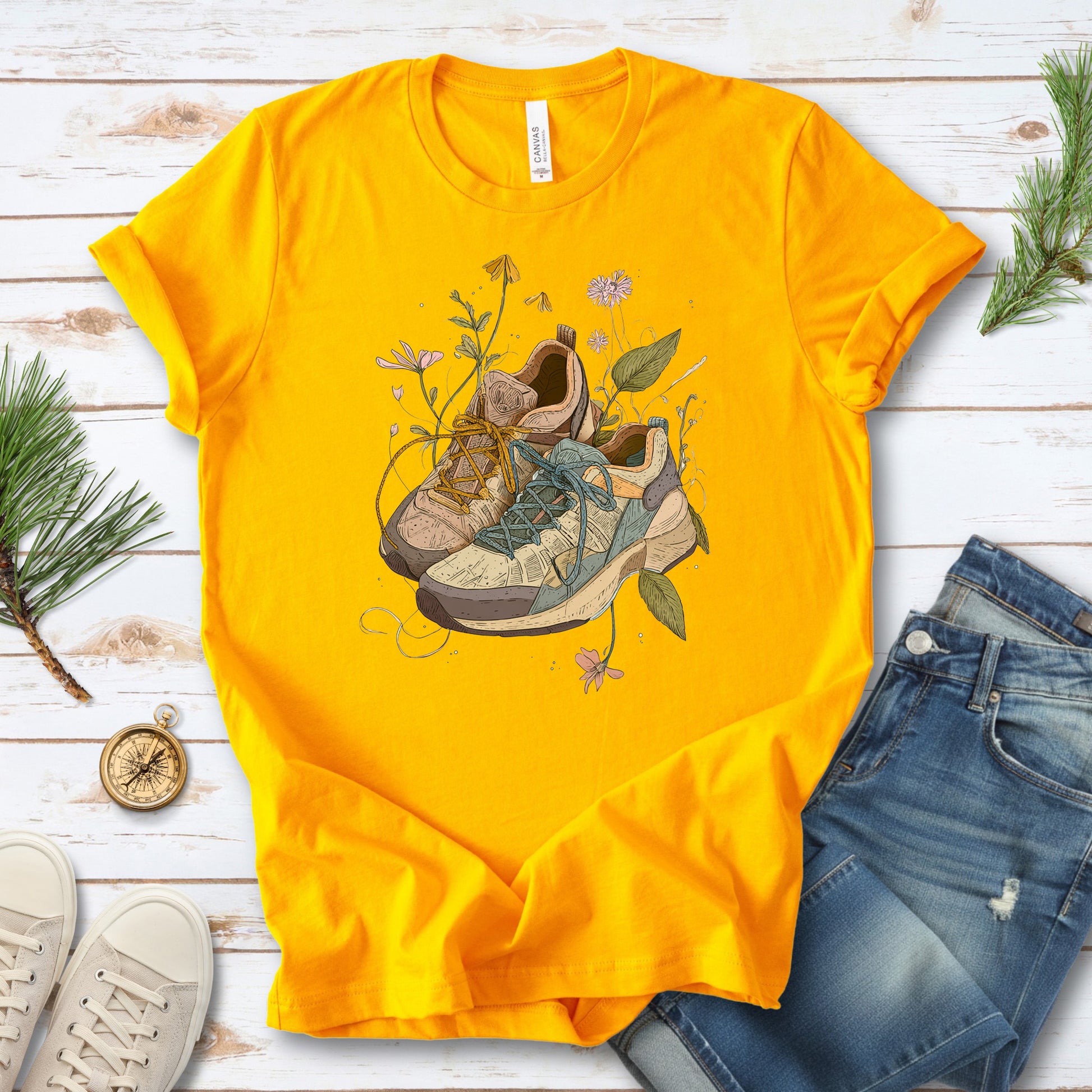 Worn Paths T-Shirt – Floral Hiking Boots & Trail Lover Art Tee