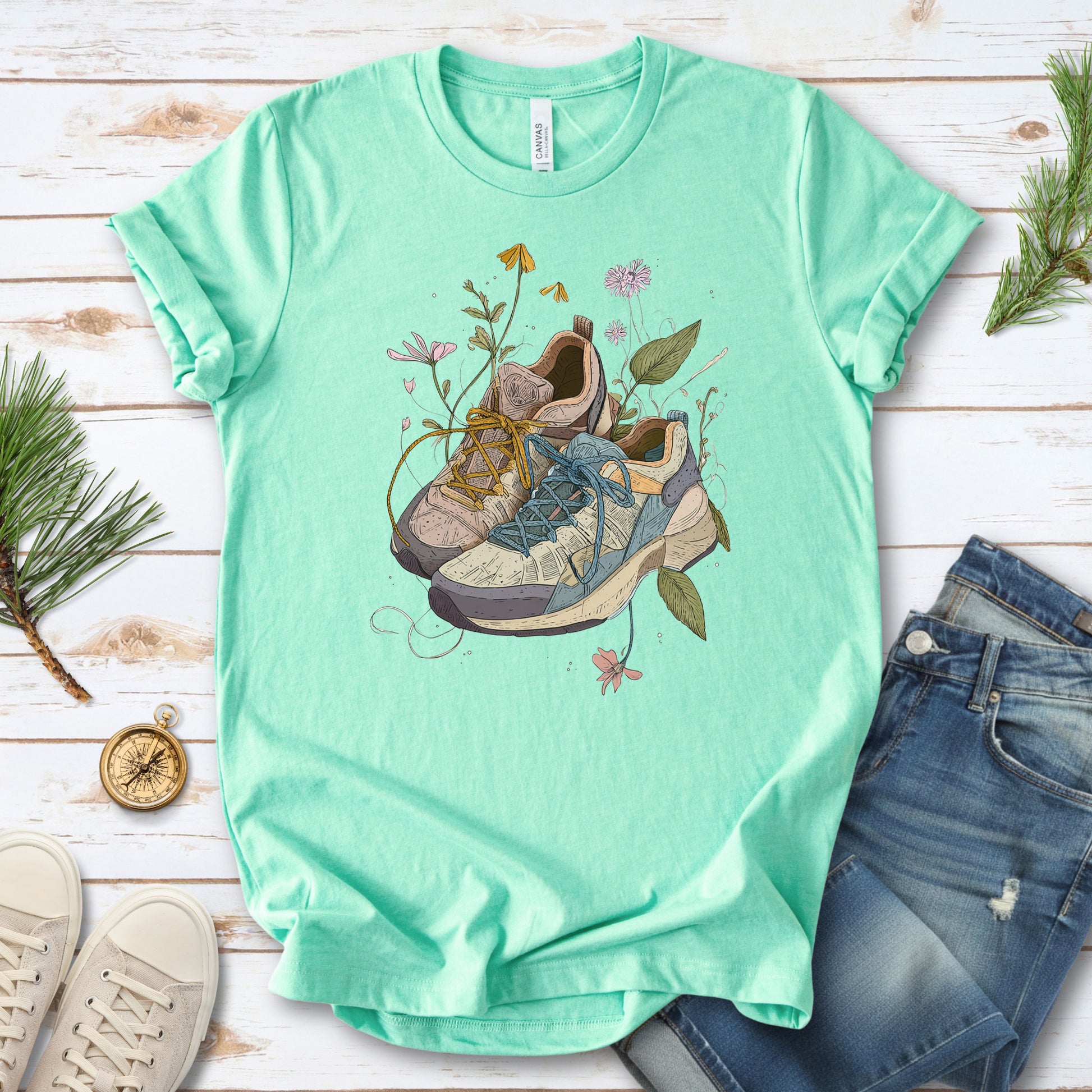 Worn Paths T-Shirt – Floral Hiking Boots & Trail Lover Art Tee
