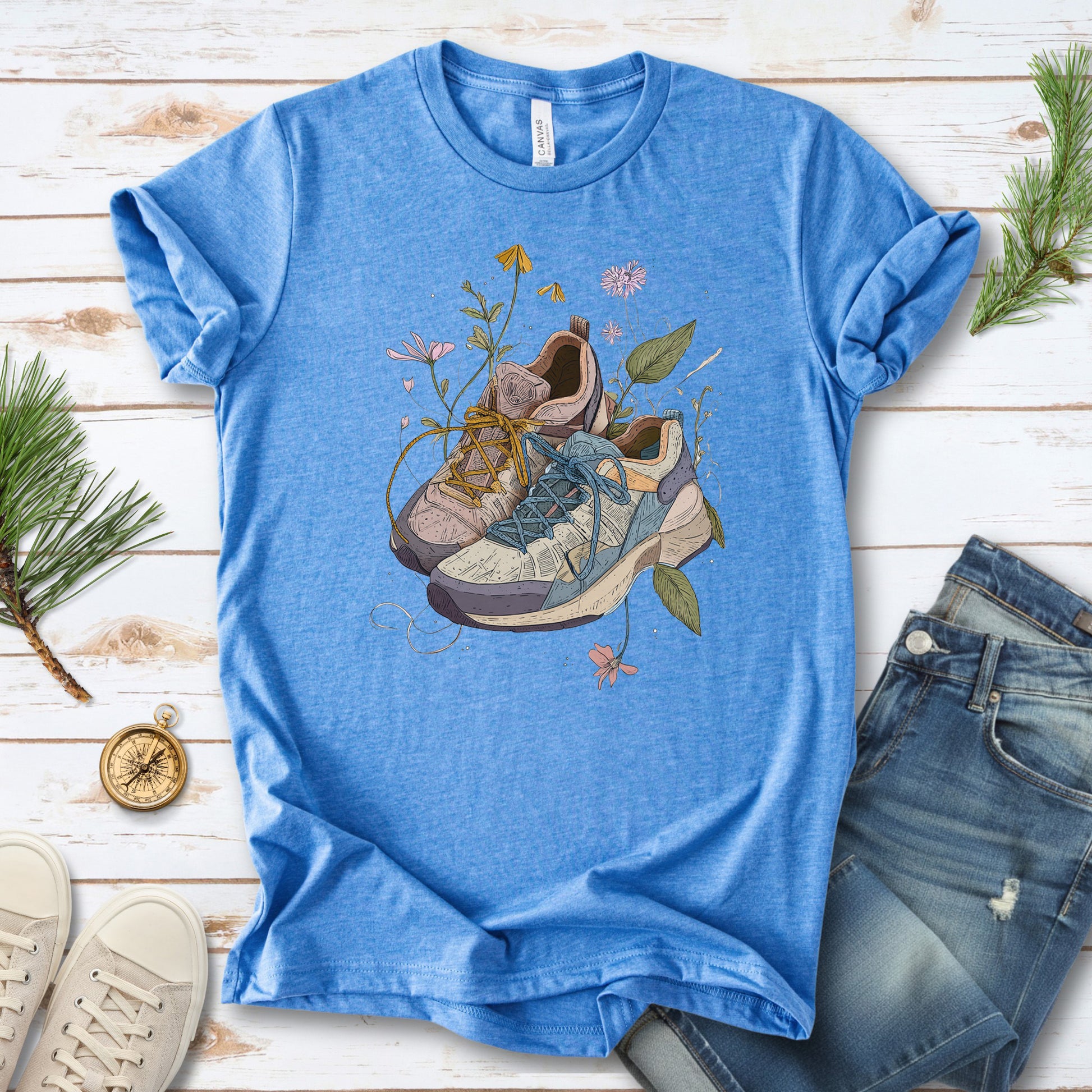 Worn Paths T-Shirt – Floral Hiking Boots & Trail Lover Art Tee