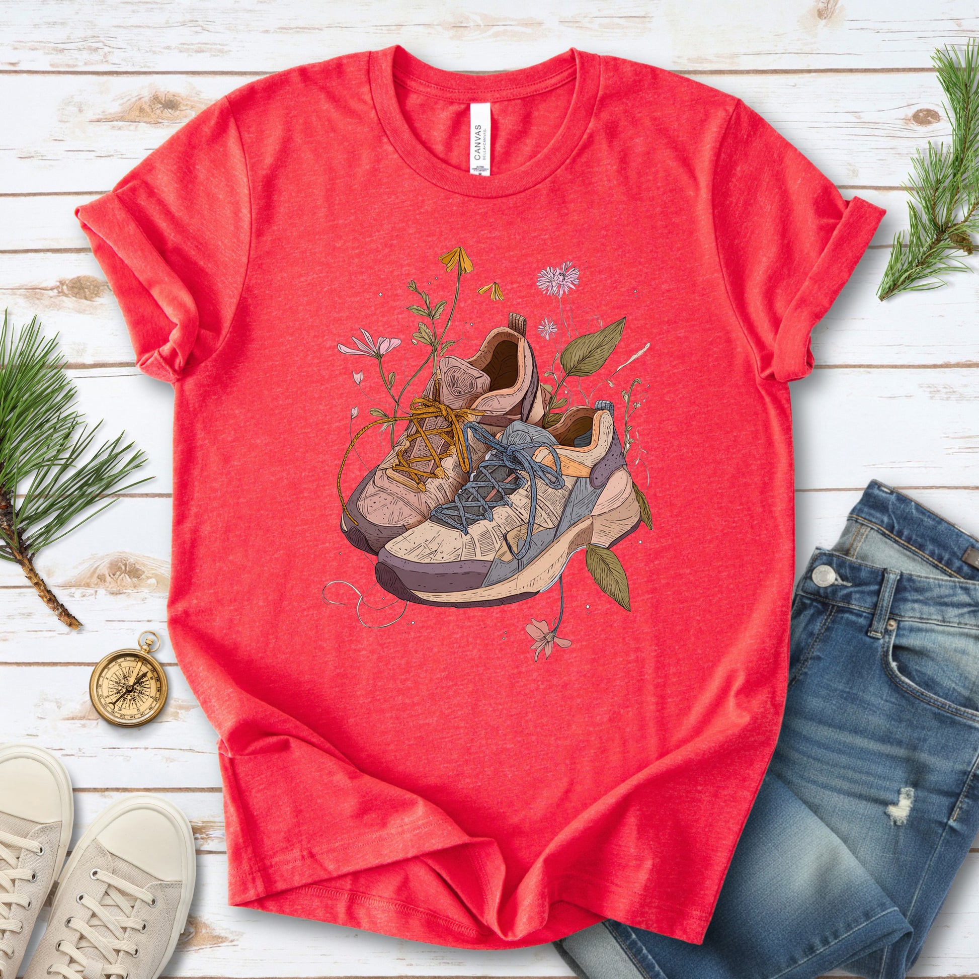 Worn Paths T-Shirt – Floral Hiking Boots & Trail Lover Art Tee