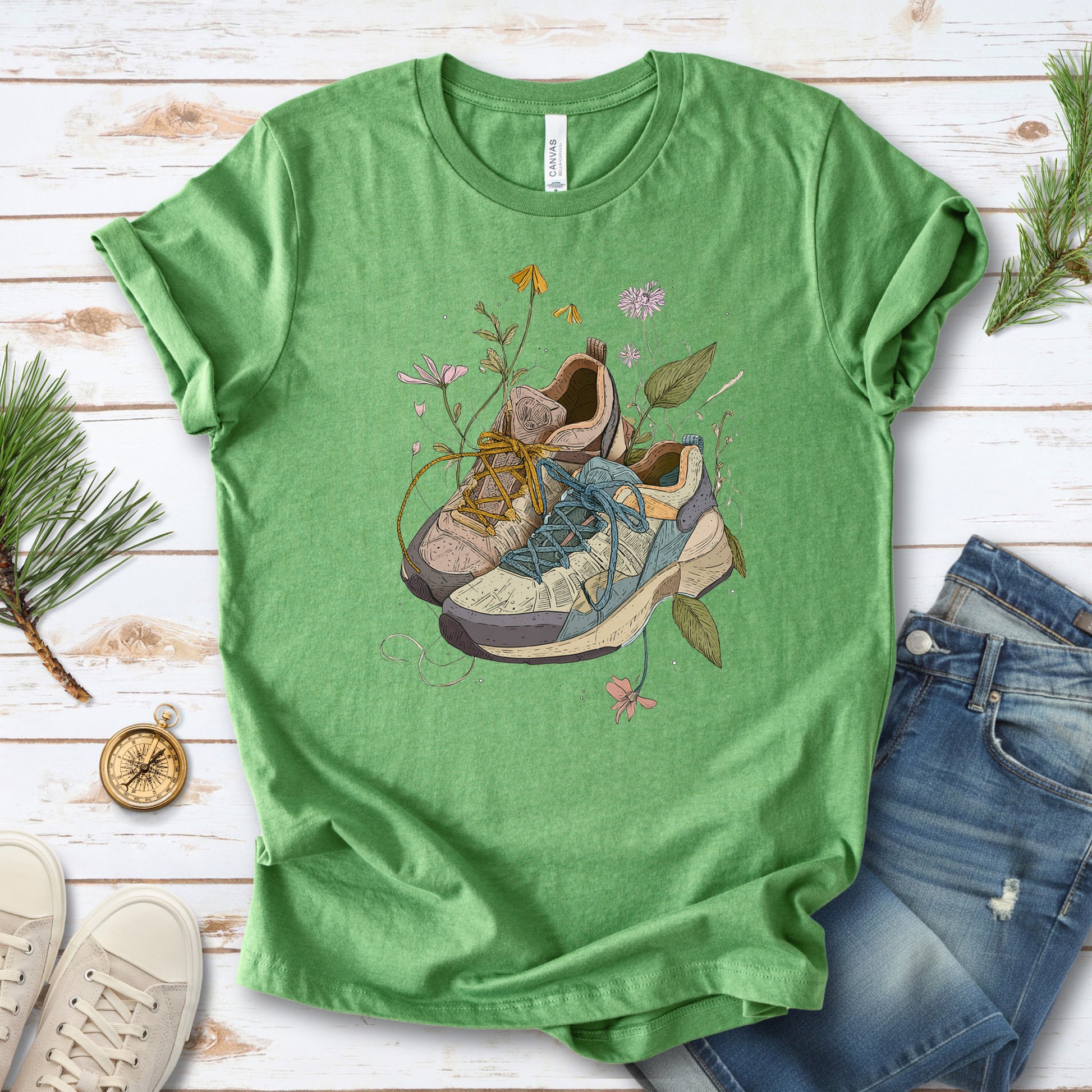 Worn Paths T-Shirt – Floral Hiking Boots & Trail Lover Art Tee