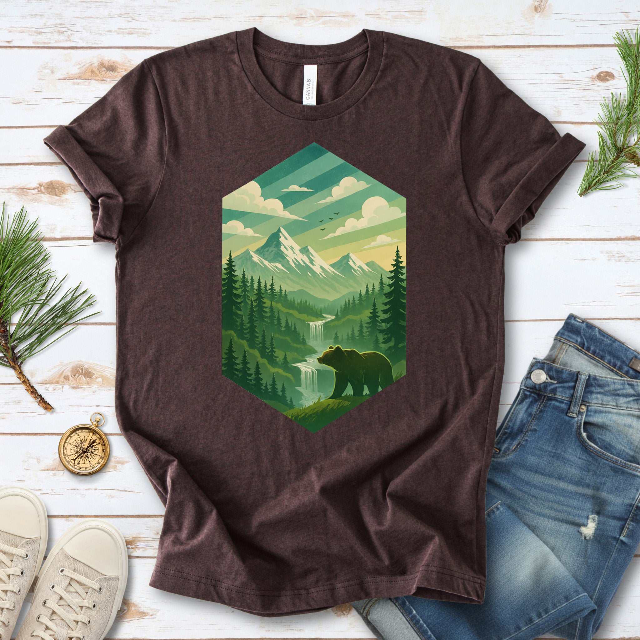 Bear in the Forest T-Shirt – Retro Mountain Wilderness Adventure Tee