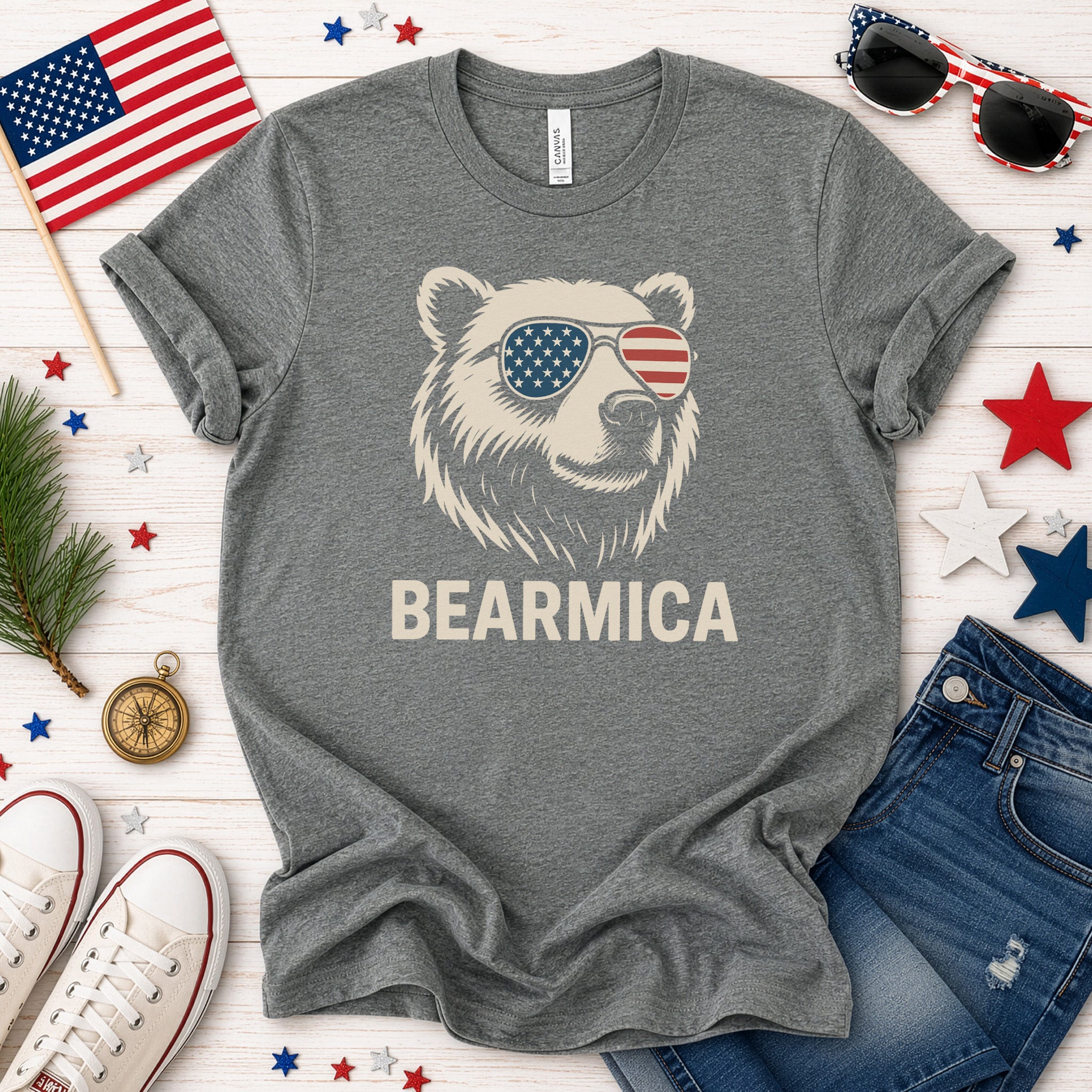 BEARMICA 4th of July T-Shirt – Funny Patriotic Bear Tee with USA Flag