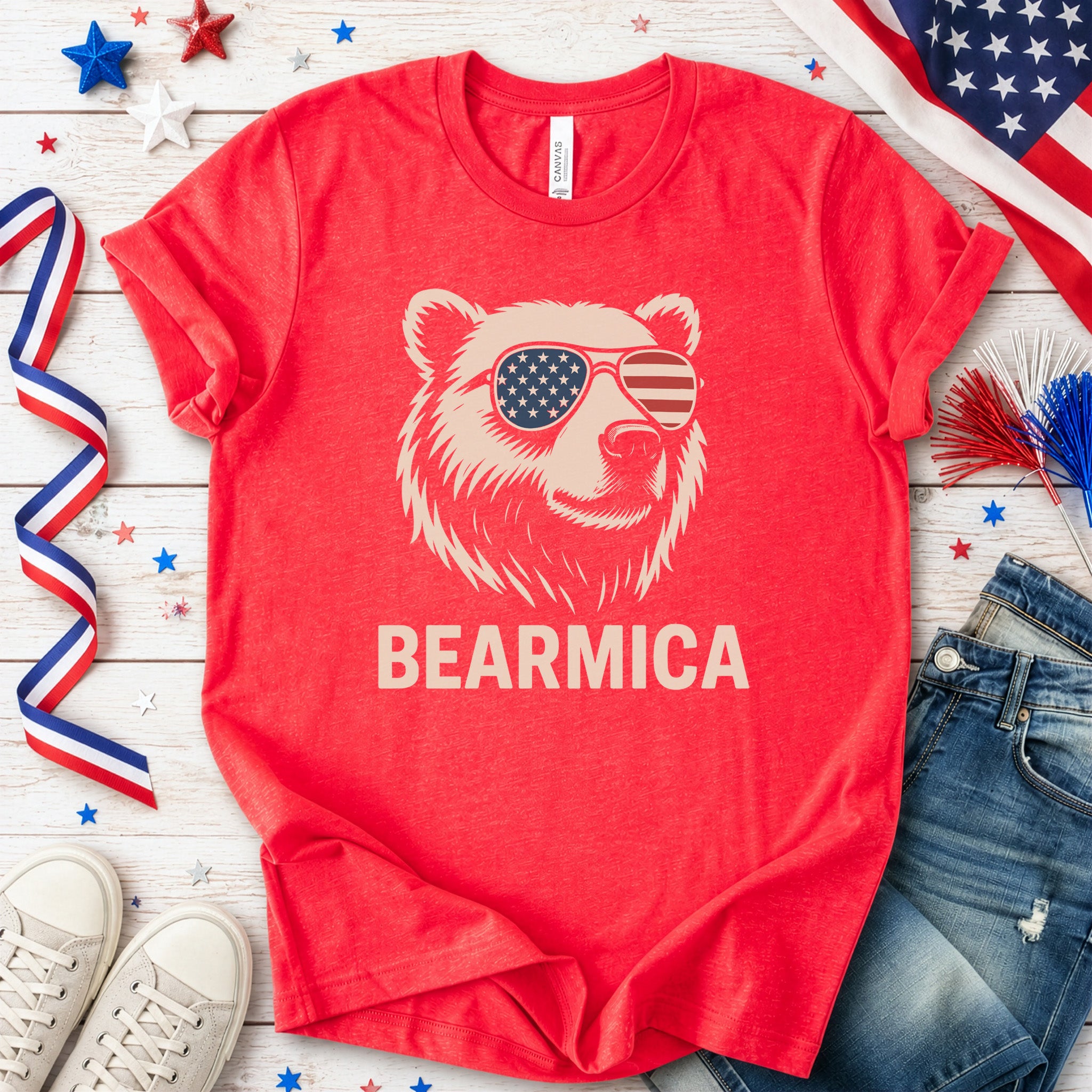 BEARMICA 4th of July T-Shirt – Funny Patriotic Bear Tee with USA Flag