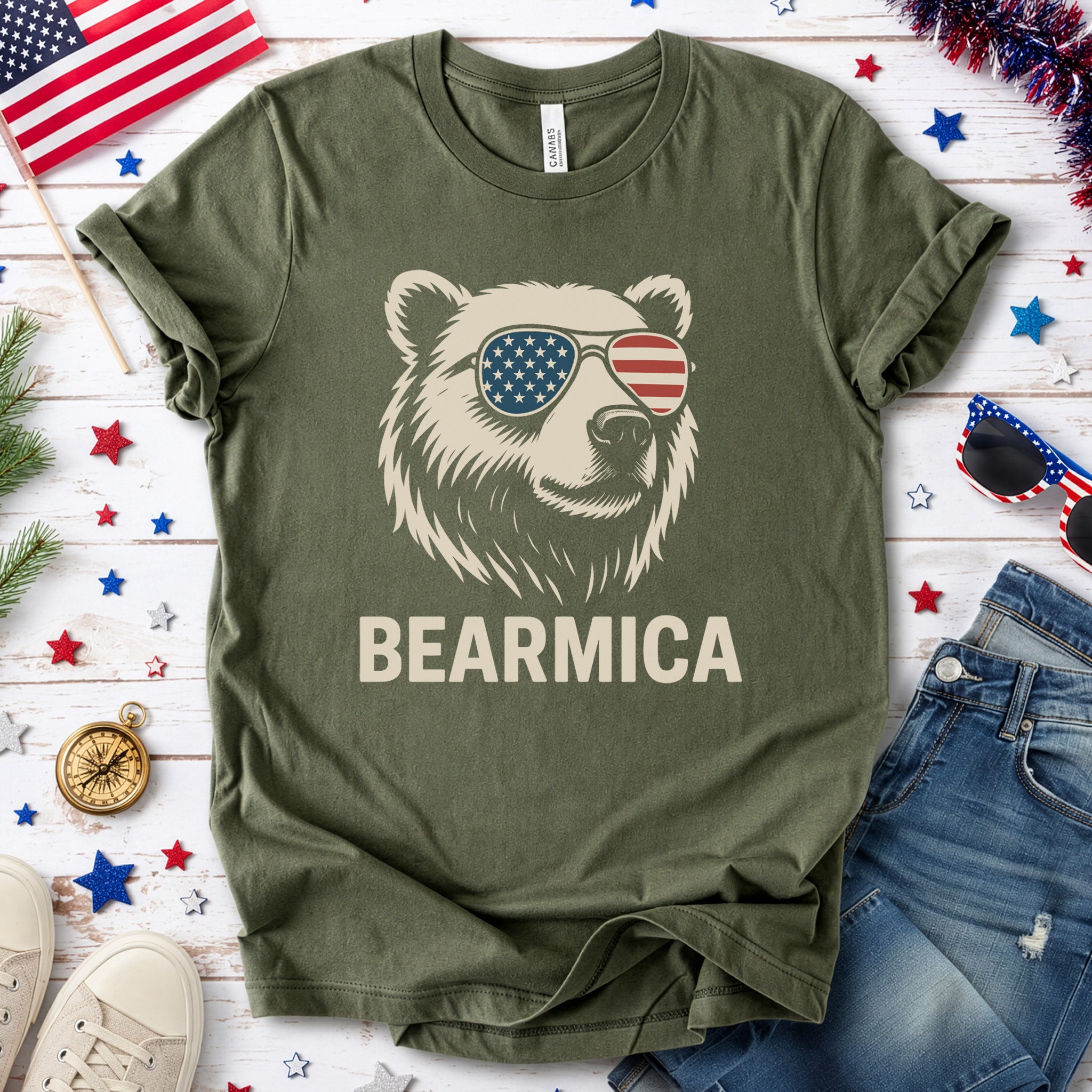 BEARMICA 4th of July T-Shirt – Funny Patriotic Bear Tee with USA Flag