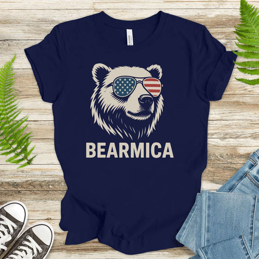 BEARMICA 4th of July T-Shirt – Funny Patriotic Bear Tee with USA Flag