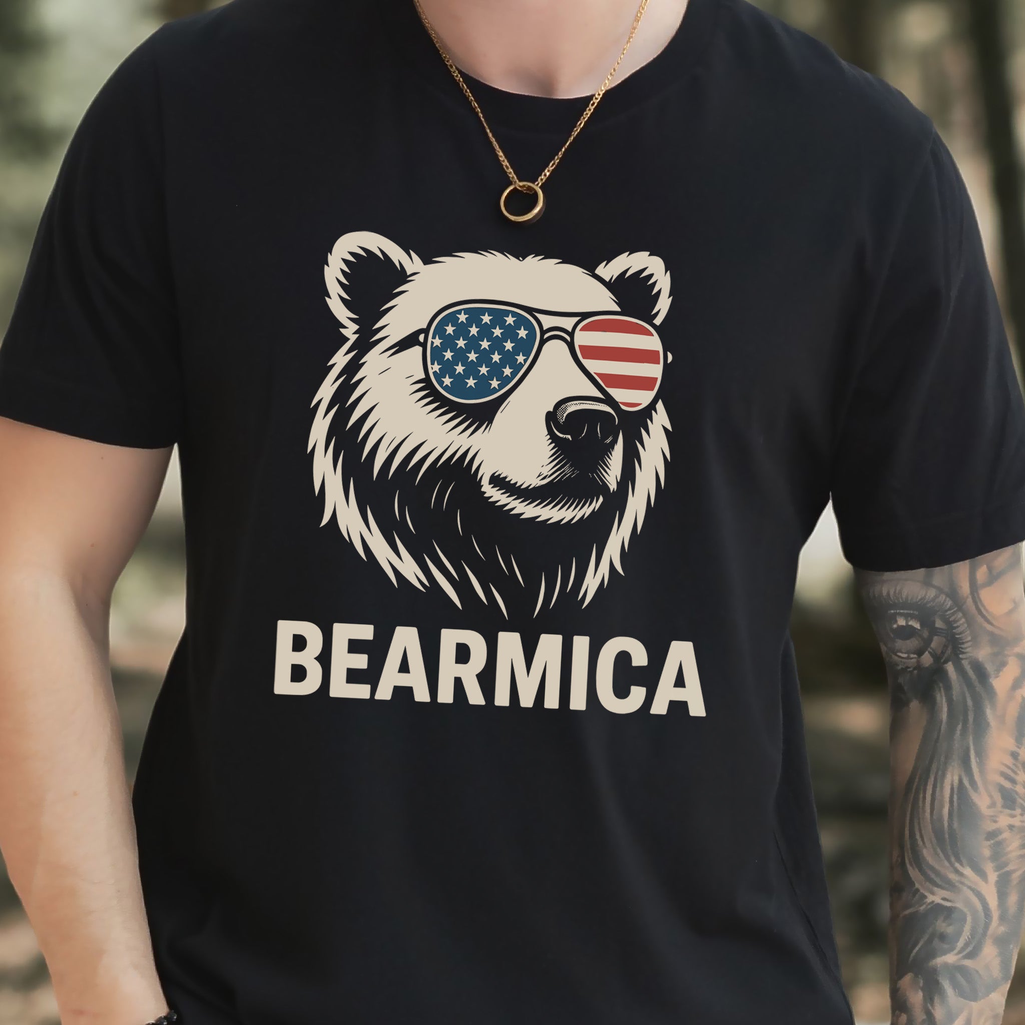 BEARMICA 4th of July T-Shirt – Funny Patriotic Bear Tee with USA Flag