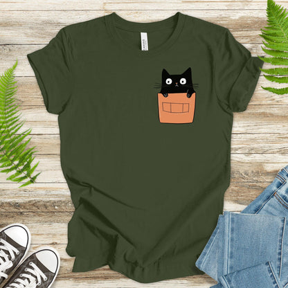 Cute Black Cat in Pocket T-Shirt – Adorable Kitty Peeking Out! - TShirtree