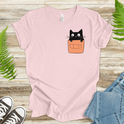 Cute Black Cat in Pocket T-Shirt – Adorable Kitty Peeking Out! - TShirtree