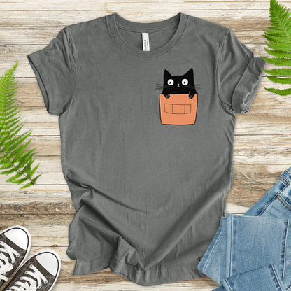 Cute Black Cat in Pocket T-Shirt – Adorable Kitty Peeking Out! - TShirtree