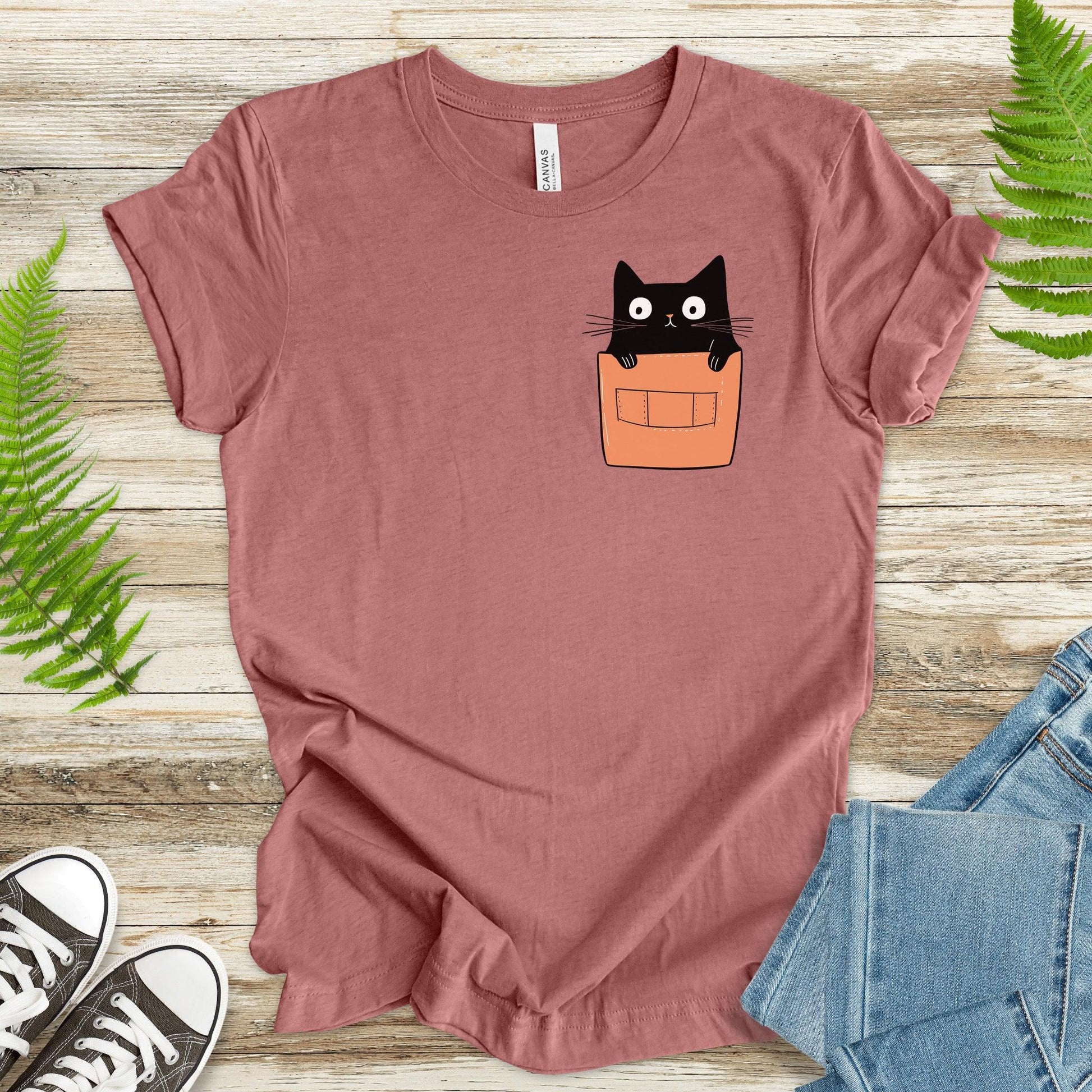 Cute Black Cat in Pocket T-Shirt – Adorable Kitty Peeking Out! - TShirtree