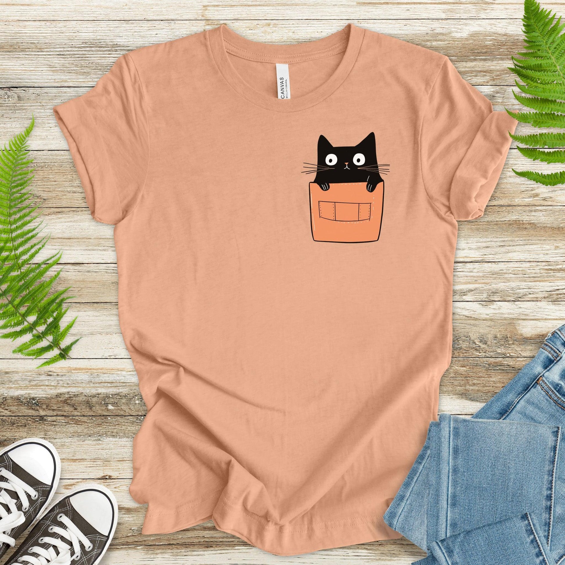 Cute Black Cat in Pocket T-Shirt – Adorable Kitty Peeking Out! - TShirtree