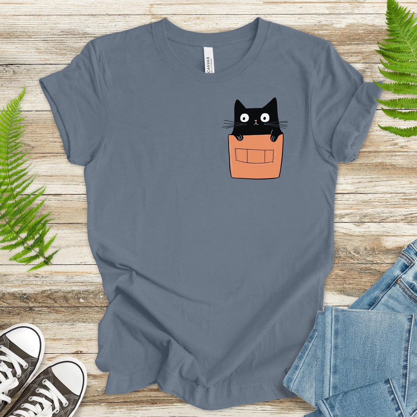 Cute Black Cat in Pocket T-Shirt – Adorable Kitty Peeking Out! - TShirtree