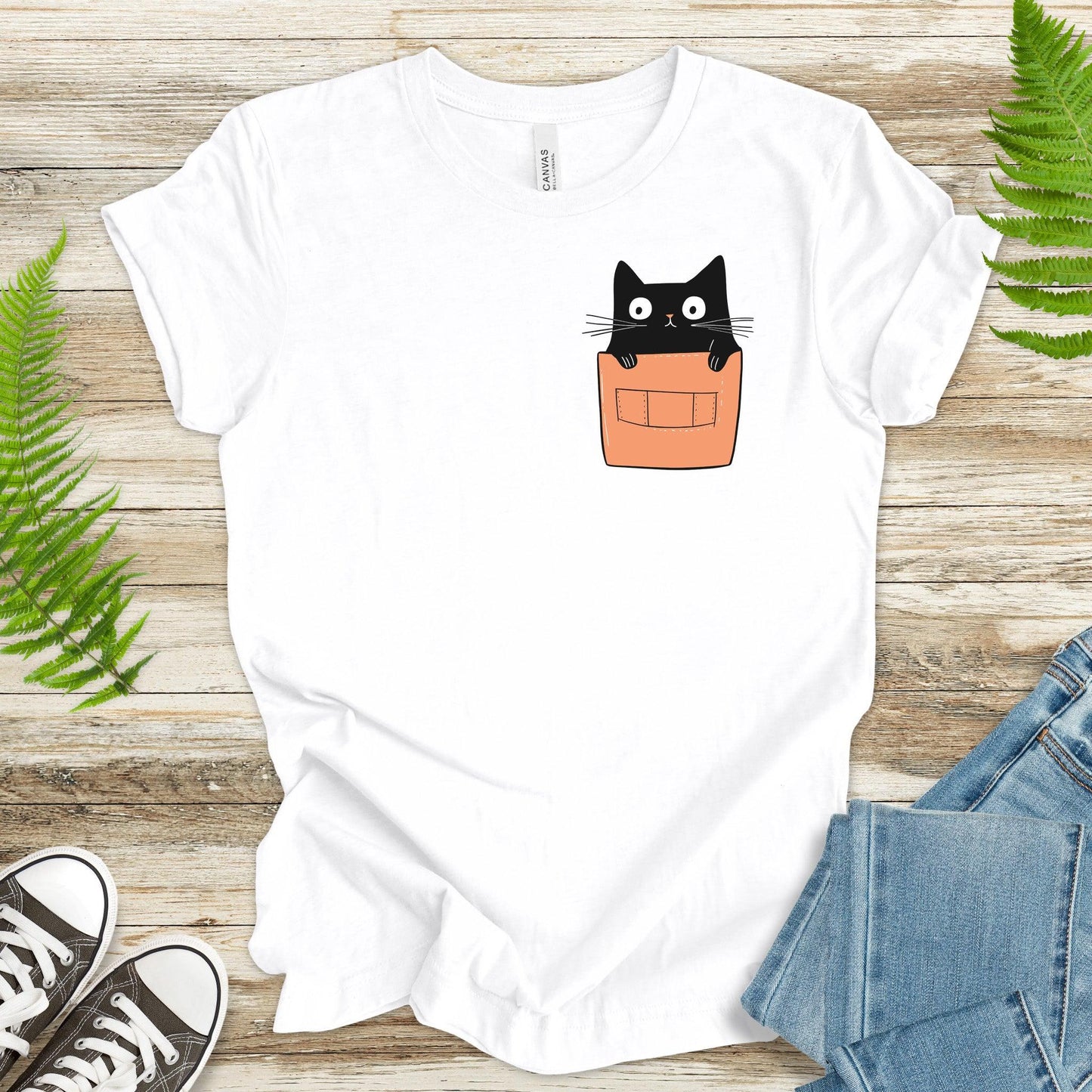 Cute Black Cat in Pocket T-Shirt – Adorable Kitty Peeking Out! - TShirtree