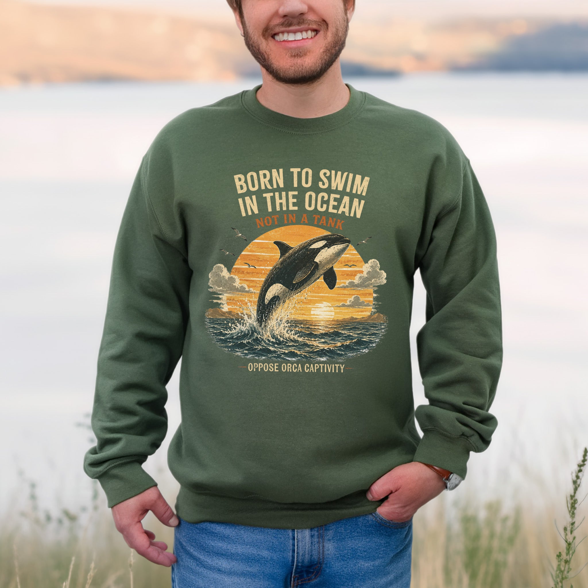 Born to Swim in the Ocean Not in a Tank Orca Whale Advocacy Sweatshirt