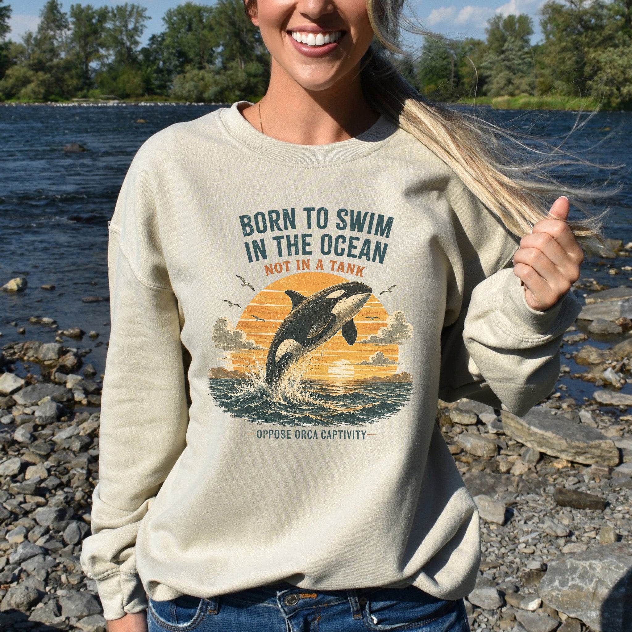 Born to Swim in the Ocean Not in a Tank Orca Whale Advocacy Sweatshirt