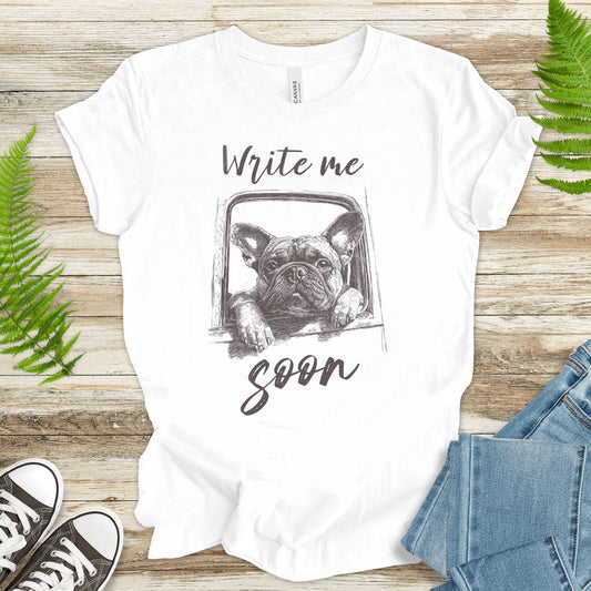 Bulldog Window Gaze T-Shirt – “Write Me Soon” Dog Lover Tee